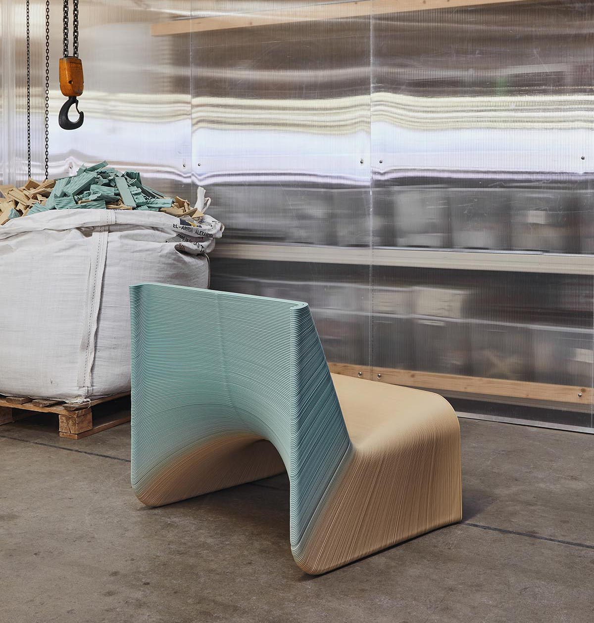 A modern 3D printed chair made from waste materials.