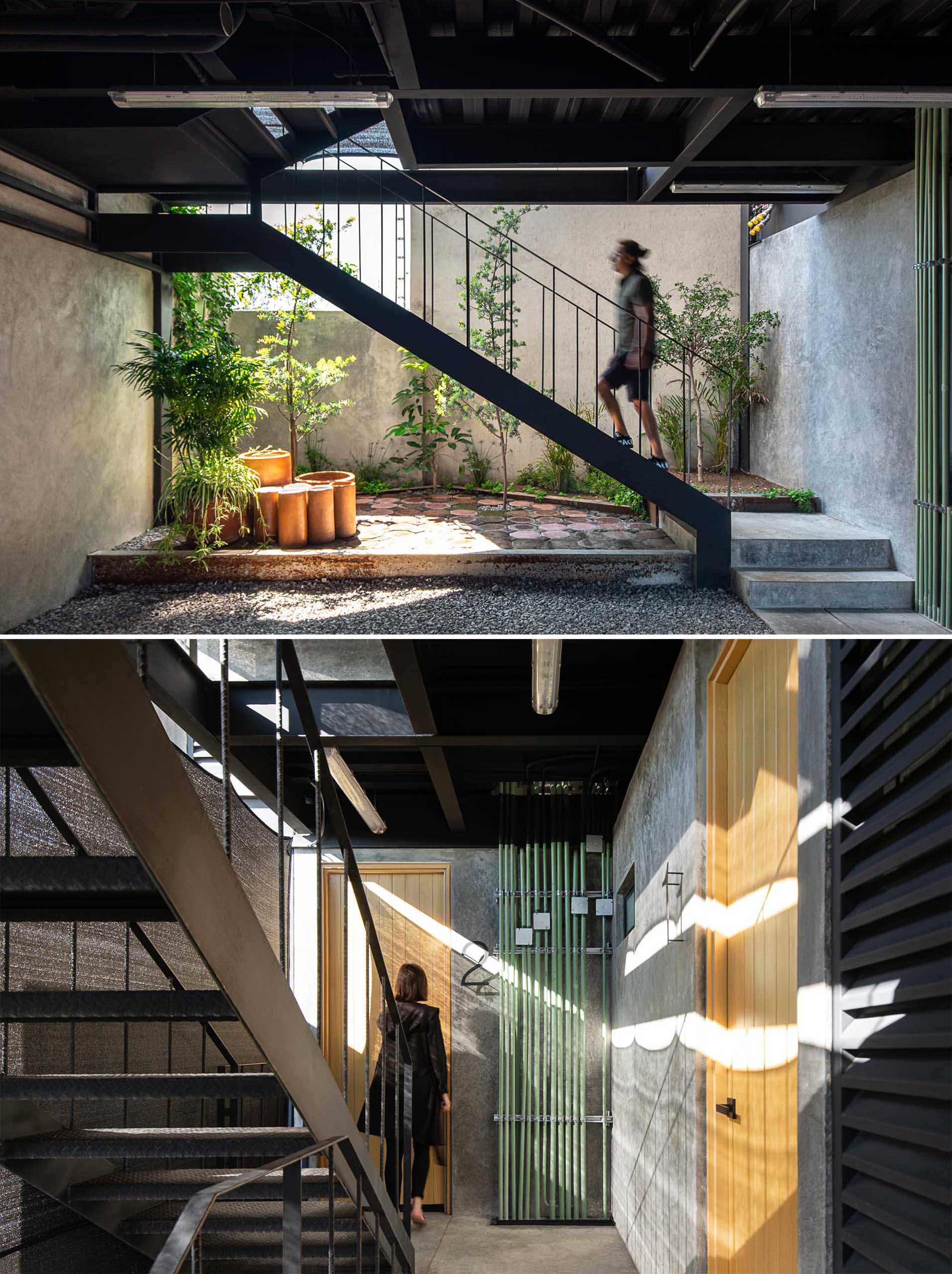 The partially open metal stairs of a small apartment building.