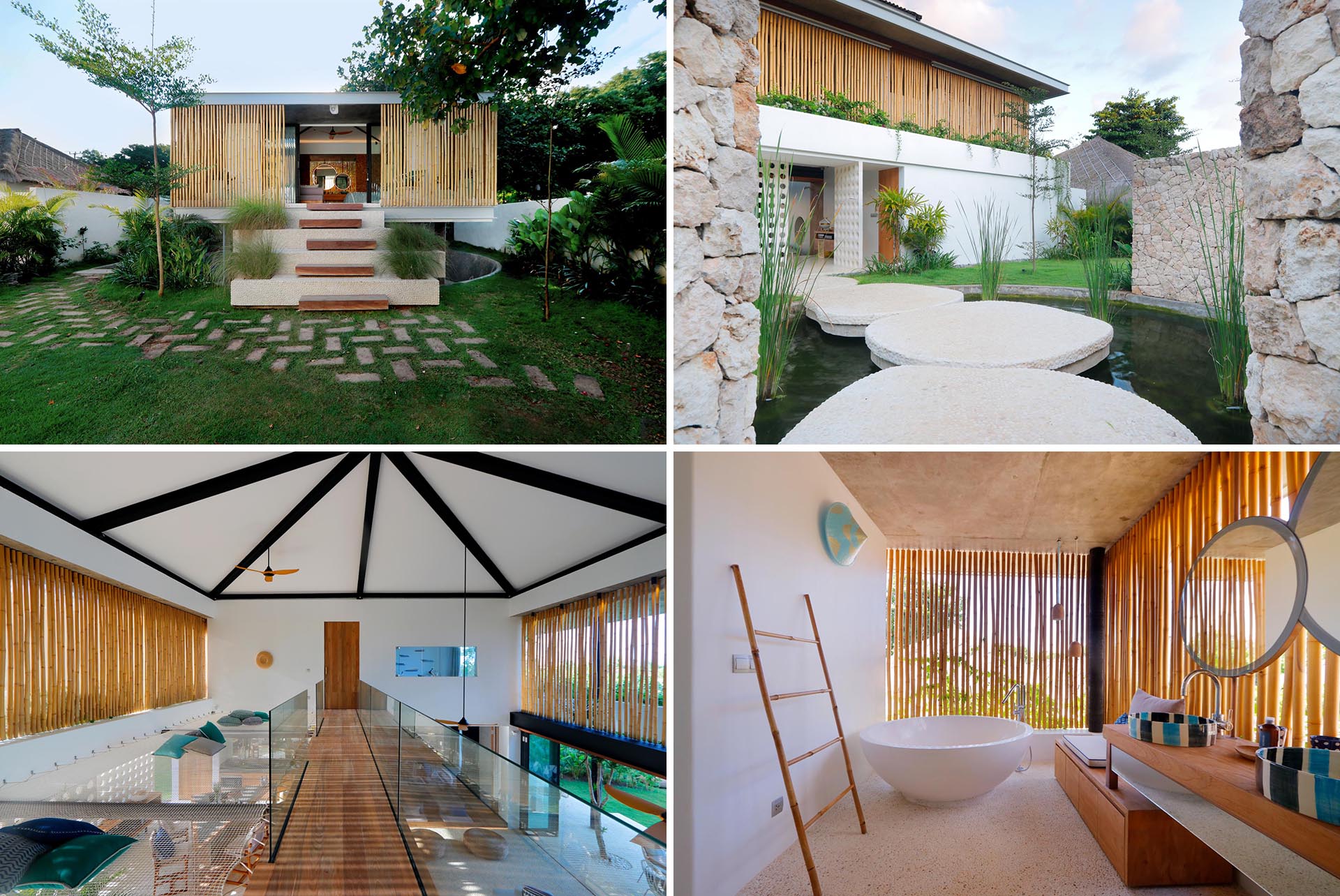 A modern beach home with a a white exterior and interior, includes bamboo screens for privacy and shade.