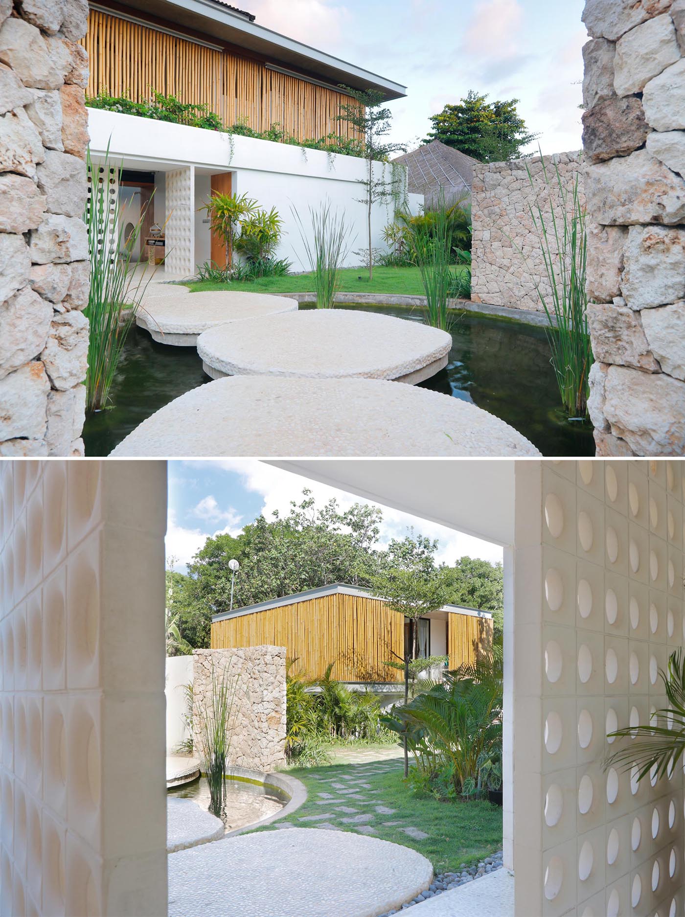 A modern beach home with a a white exterior and interior, includes bamboo screens for privacy and shade.