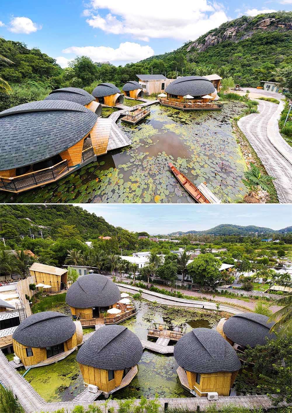 A modern eco-lodge in Thailand, that has cabins shaped like turtle shells that surround a lotus pond.