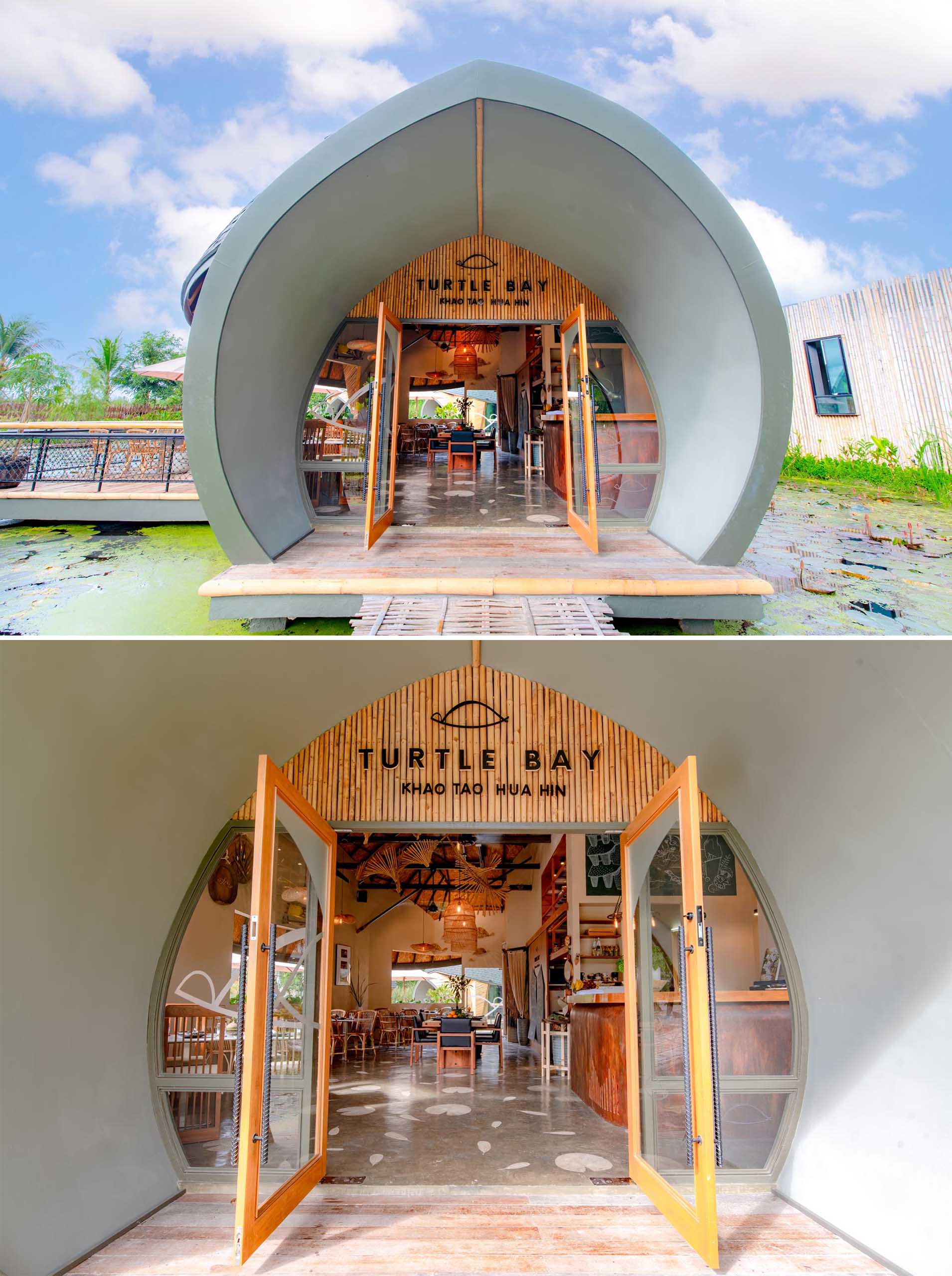 A modern eco-lodge in Thailand, that has cabins shaped like turtle shells that surround a lotus pond.