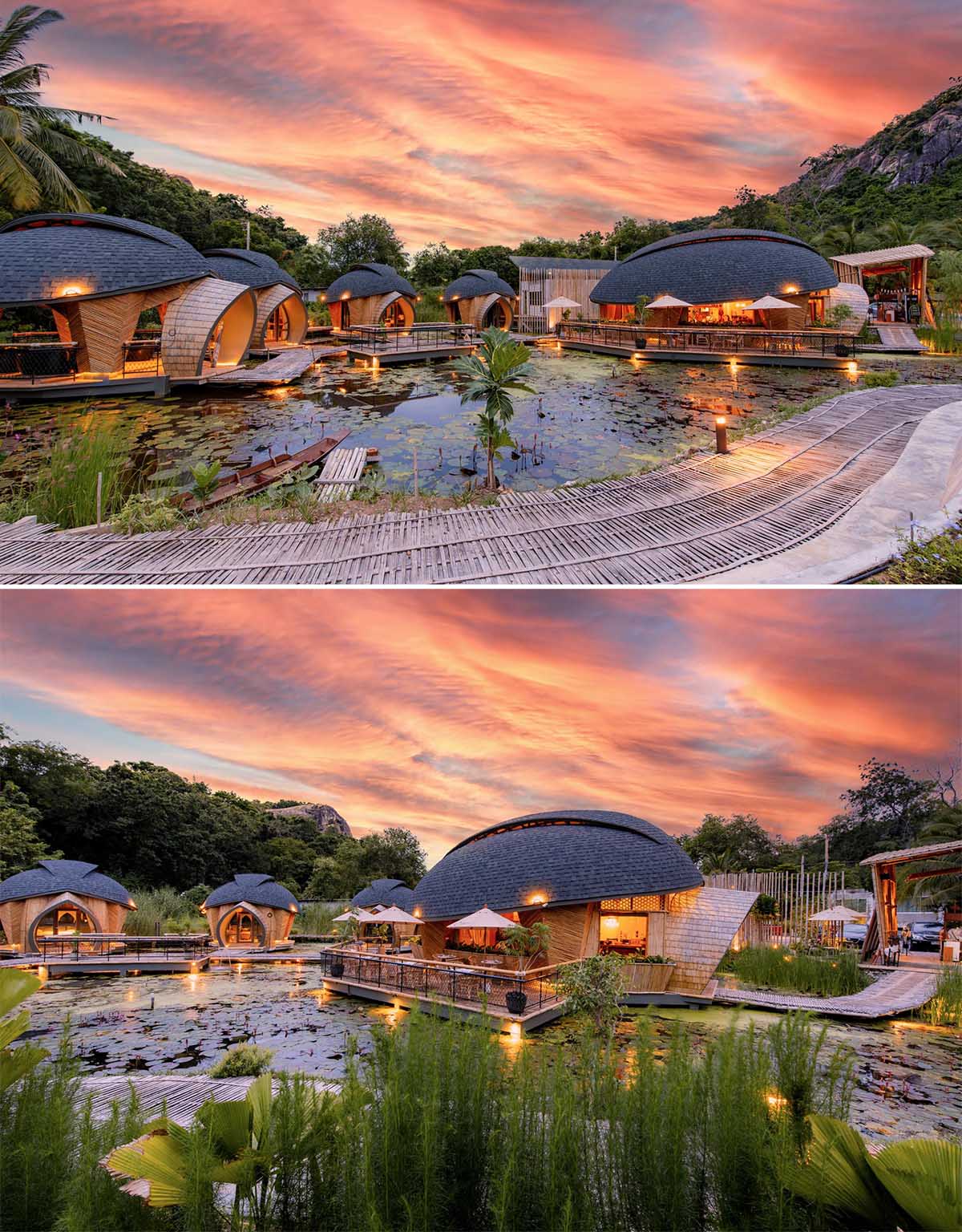 A modern eco-lodge in Thailand, that has cabins shaped like turtle shells that surround a lotus pond.