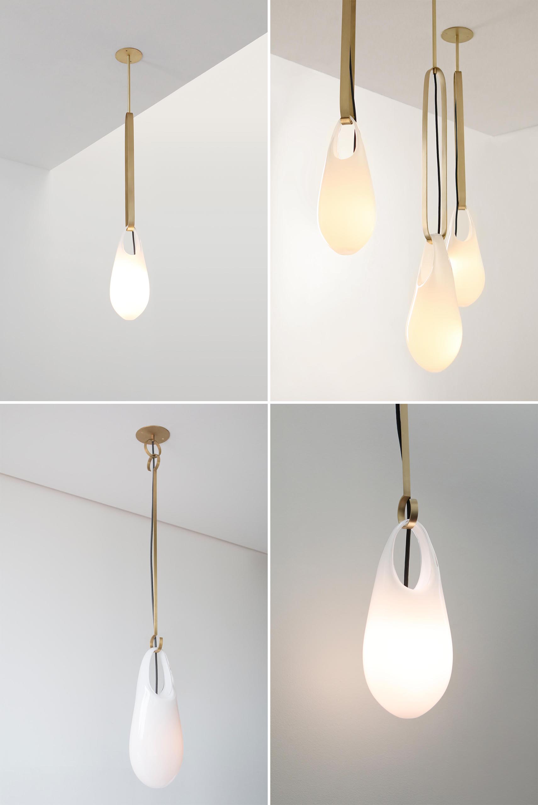 The Hold pendant lights and sconces, are modern handblown glass lights that look like they're hanging from hooks.