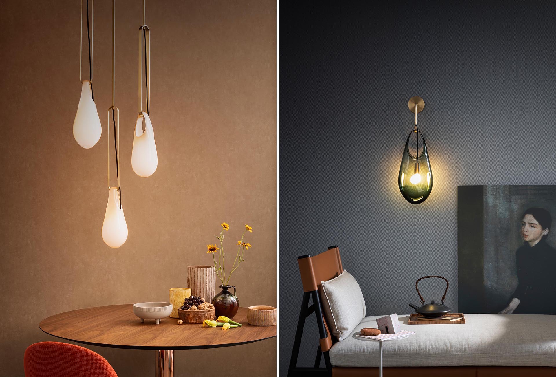 The Hold pendant lights and sconces, are modern handblown glass lights that look like they're hanging from hooks.