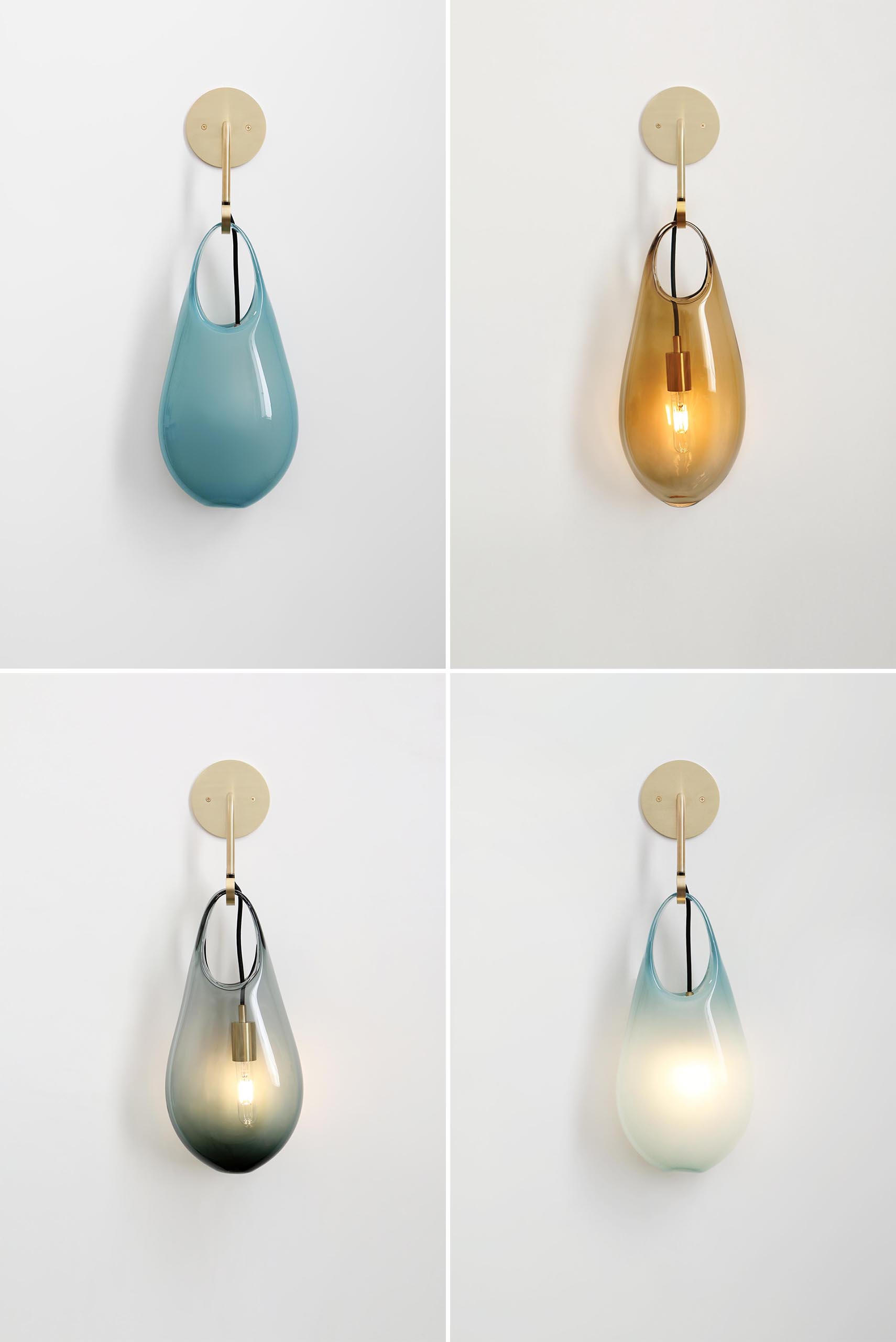 The Hold pendant lights and sconces, are modern handblown glass lights that look like they're hanging from hooks.