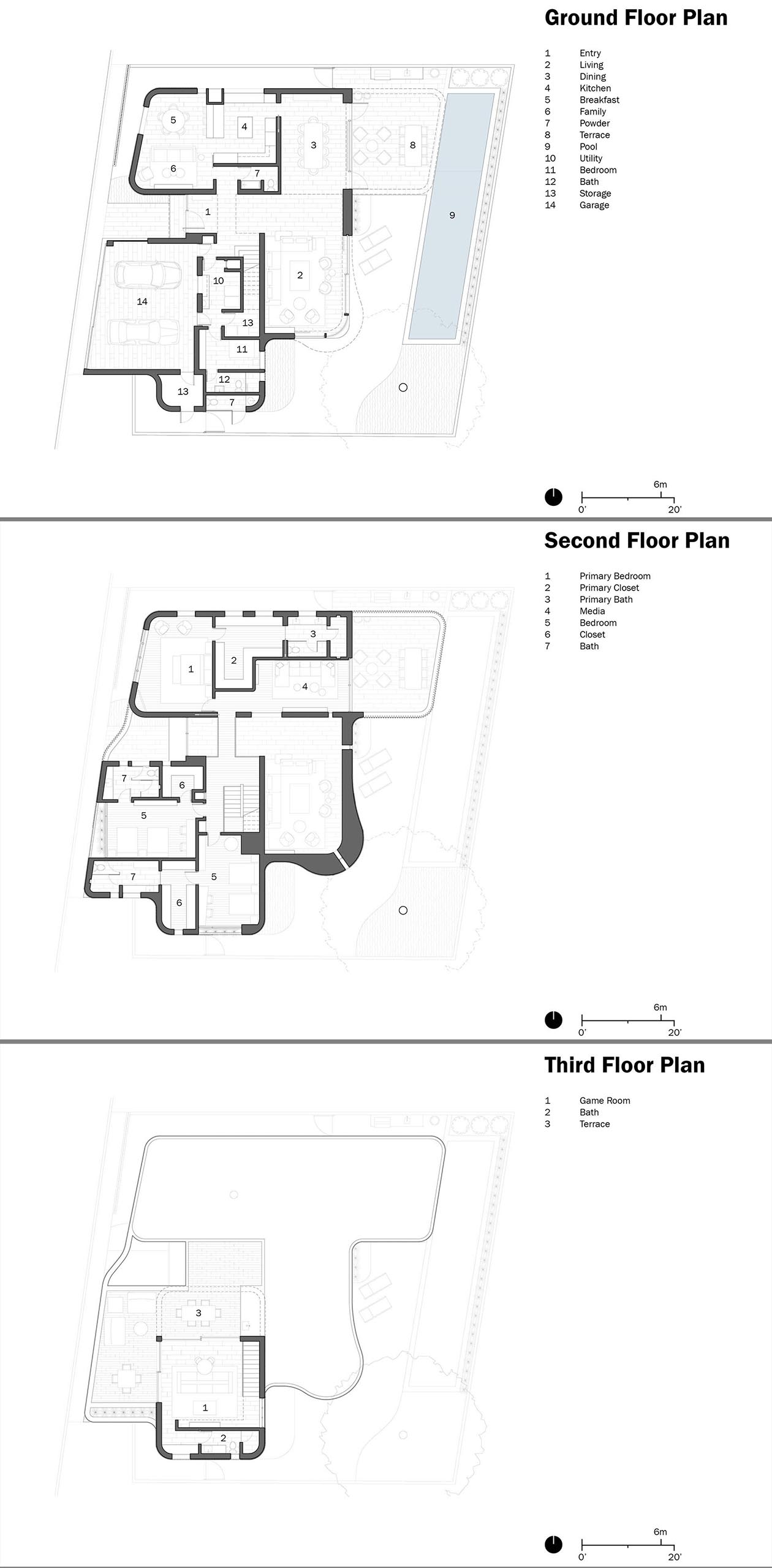 The floor plan of a modern three storey home.