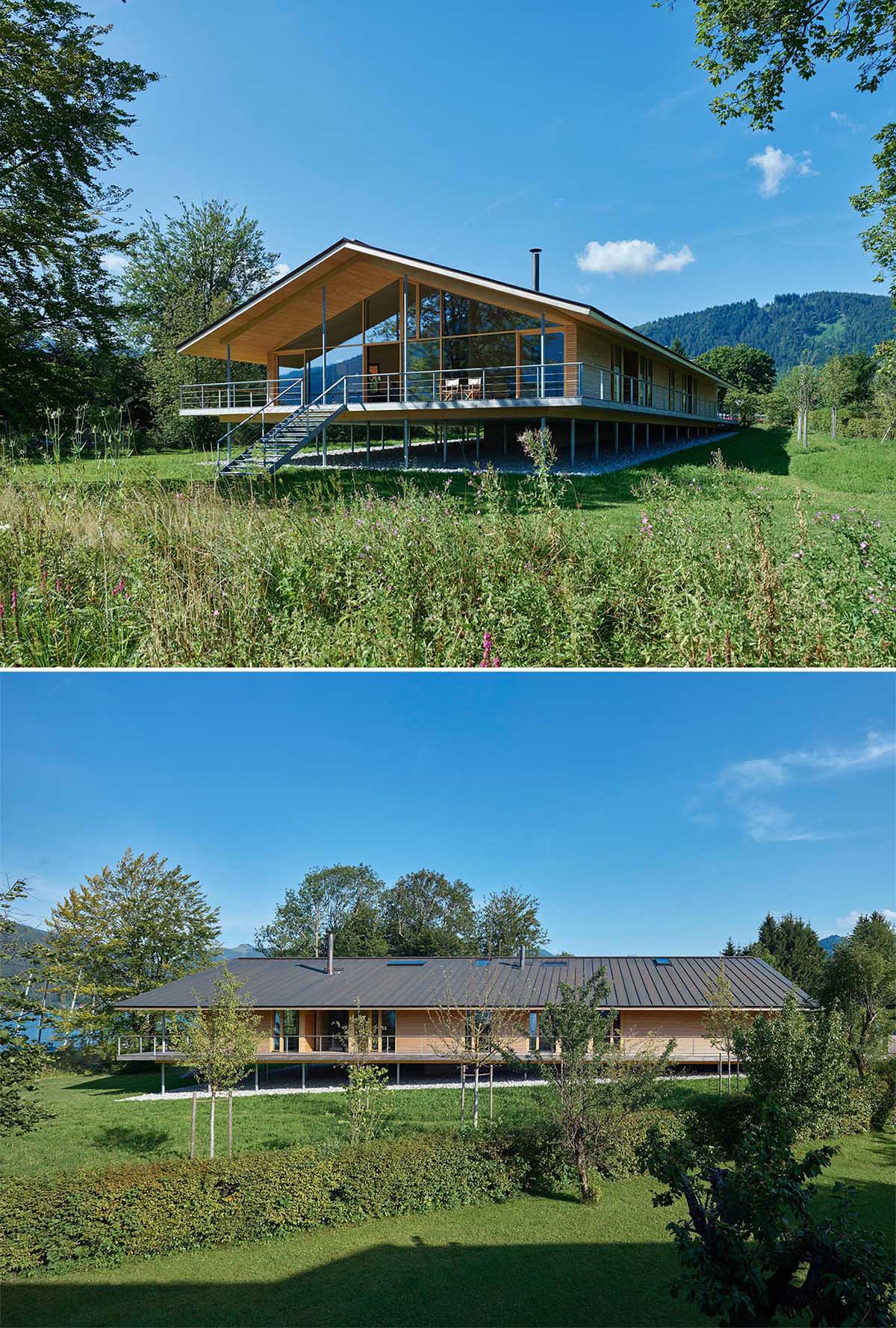 The timber construction of this modern house was mostly made from local woods, and is elevated on stilts to protect it from flood.