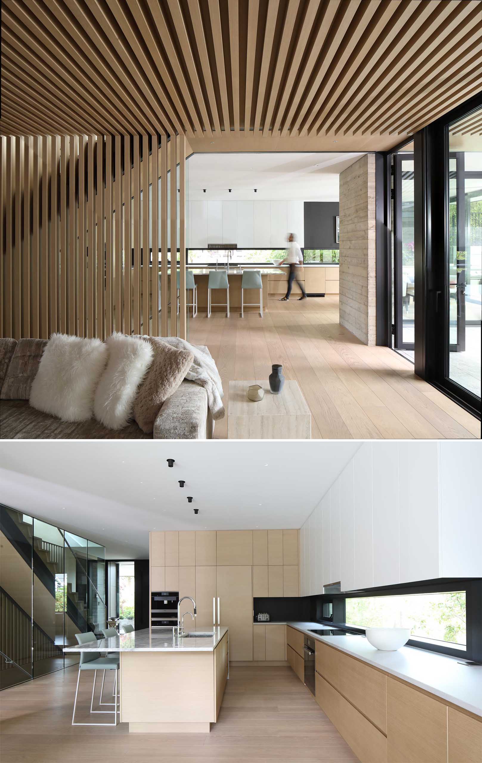 Inside this home, light colored wood has been featured, adding a natural element to the interior, while still creating a contemporary and warm atmosphere.