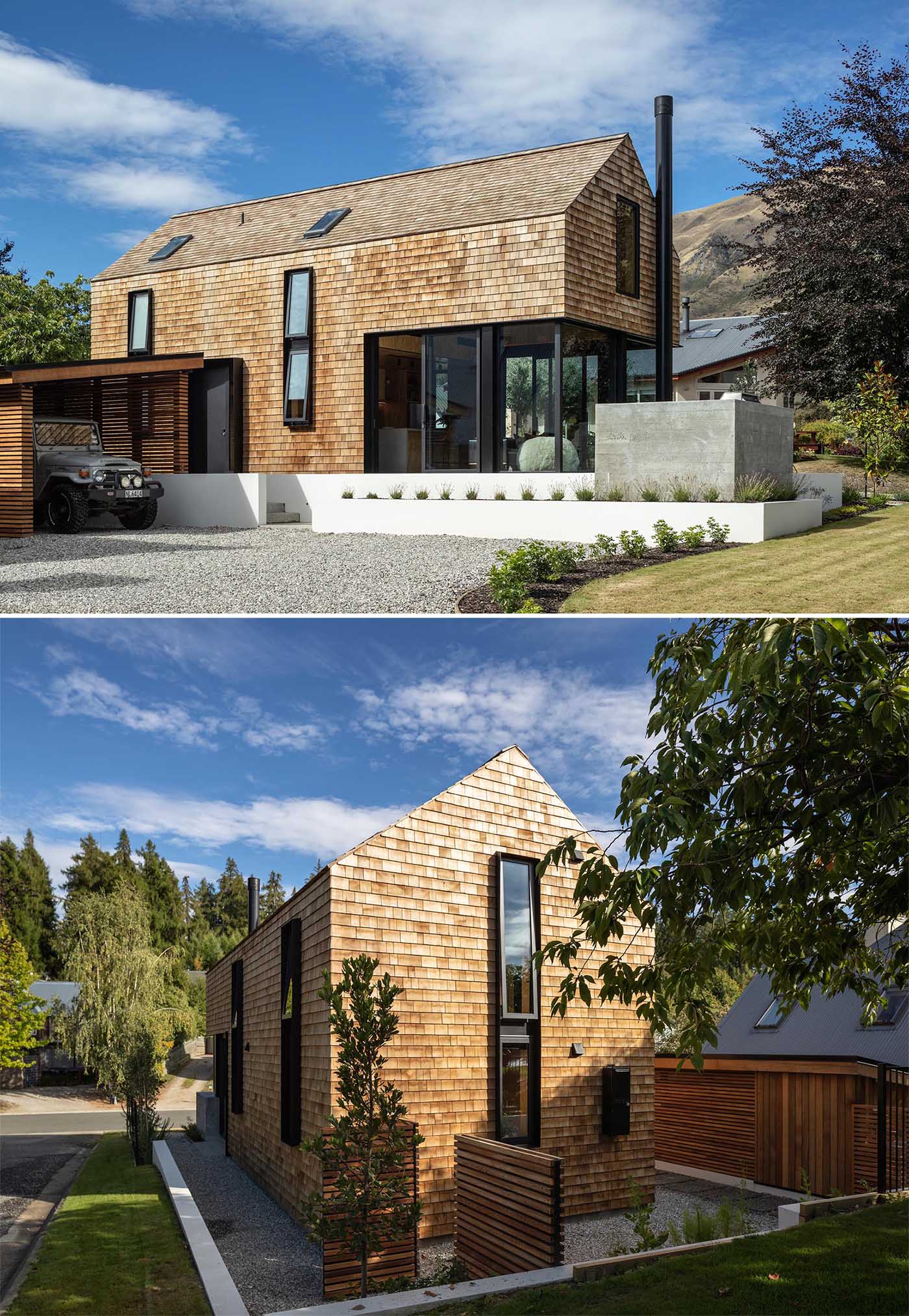 A modern yet small shingle clad home with black accents.