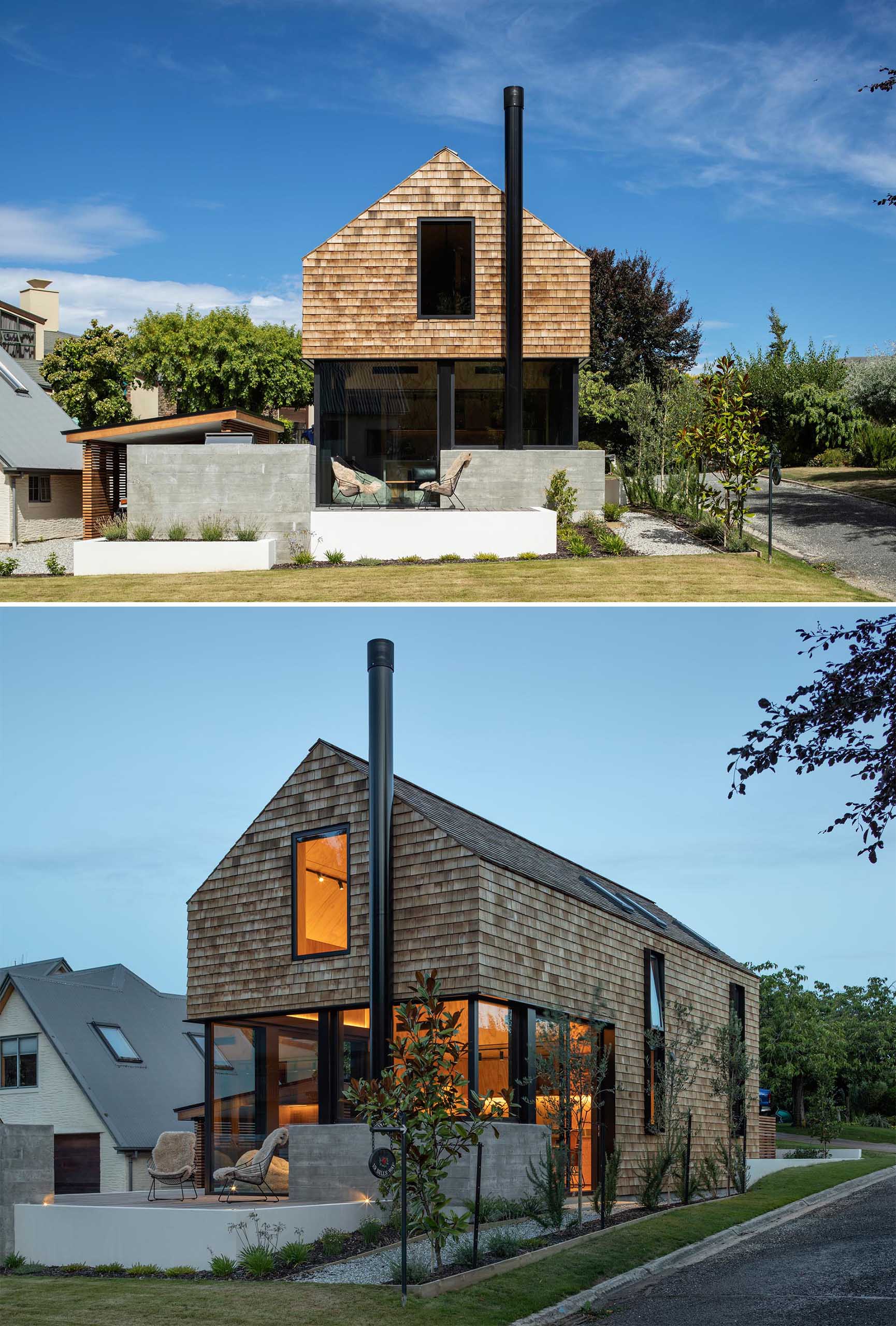 A modern yet small shingle clad home with black accents.