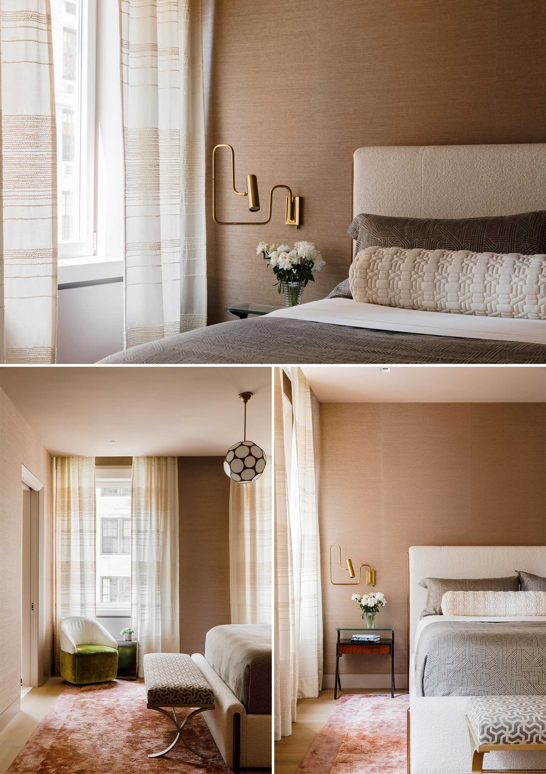 This main bedroom includes design elements like a custom upholstered bed by MKCA in walnut and boucle, silk wallcovering by Philip Jeffries, a silk carpet by MKCA and fabricated by Tai Ping, and custom loomed drapery textile by Hiroko Takeda.