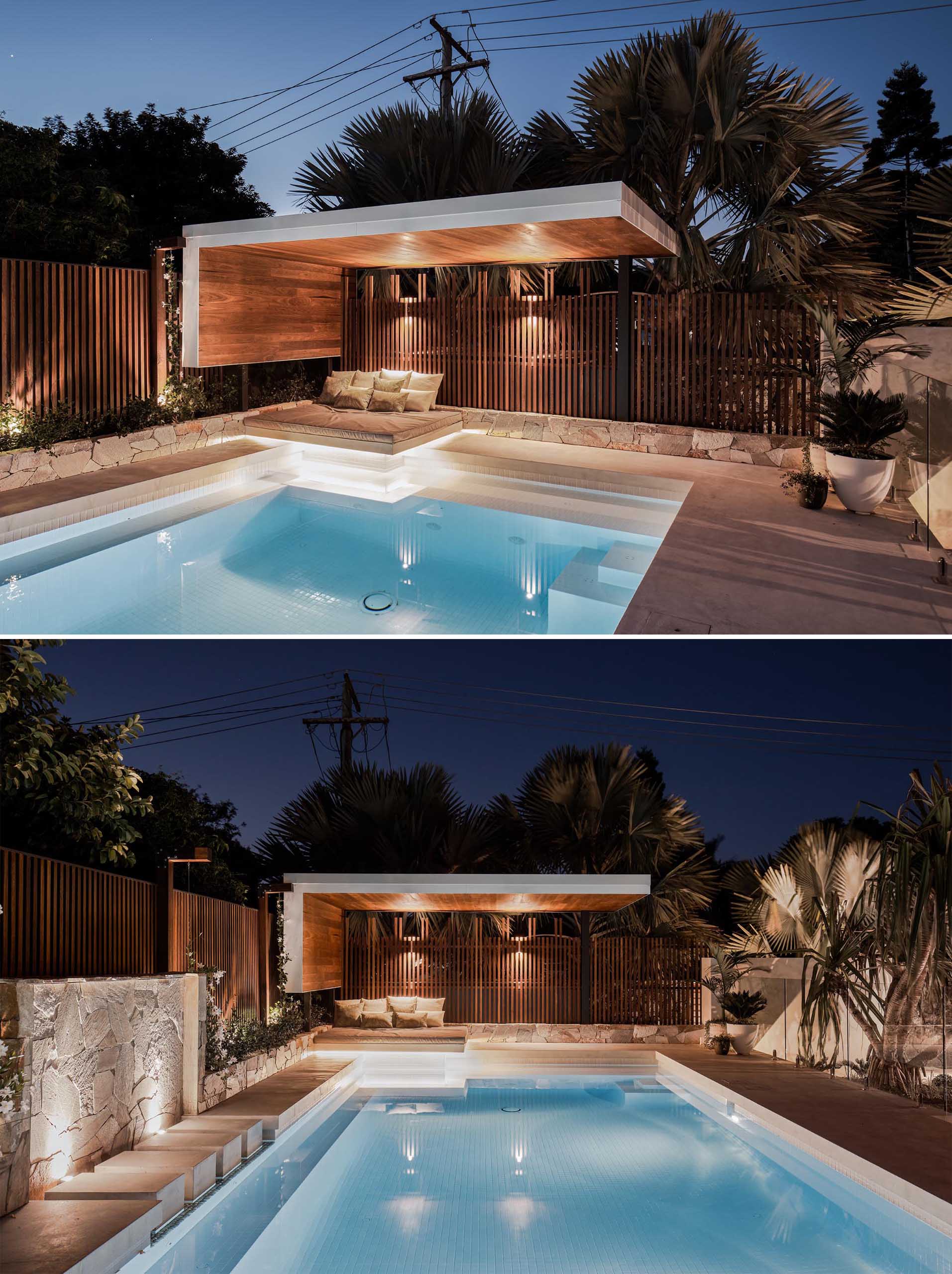 A small wood-lined pool cabana with a day bed.