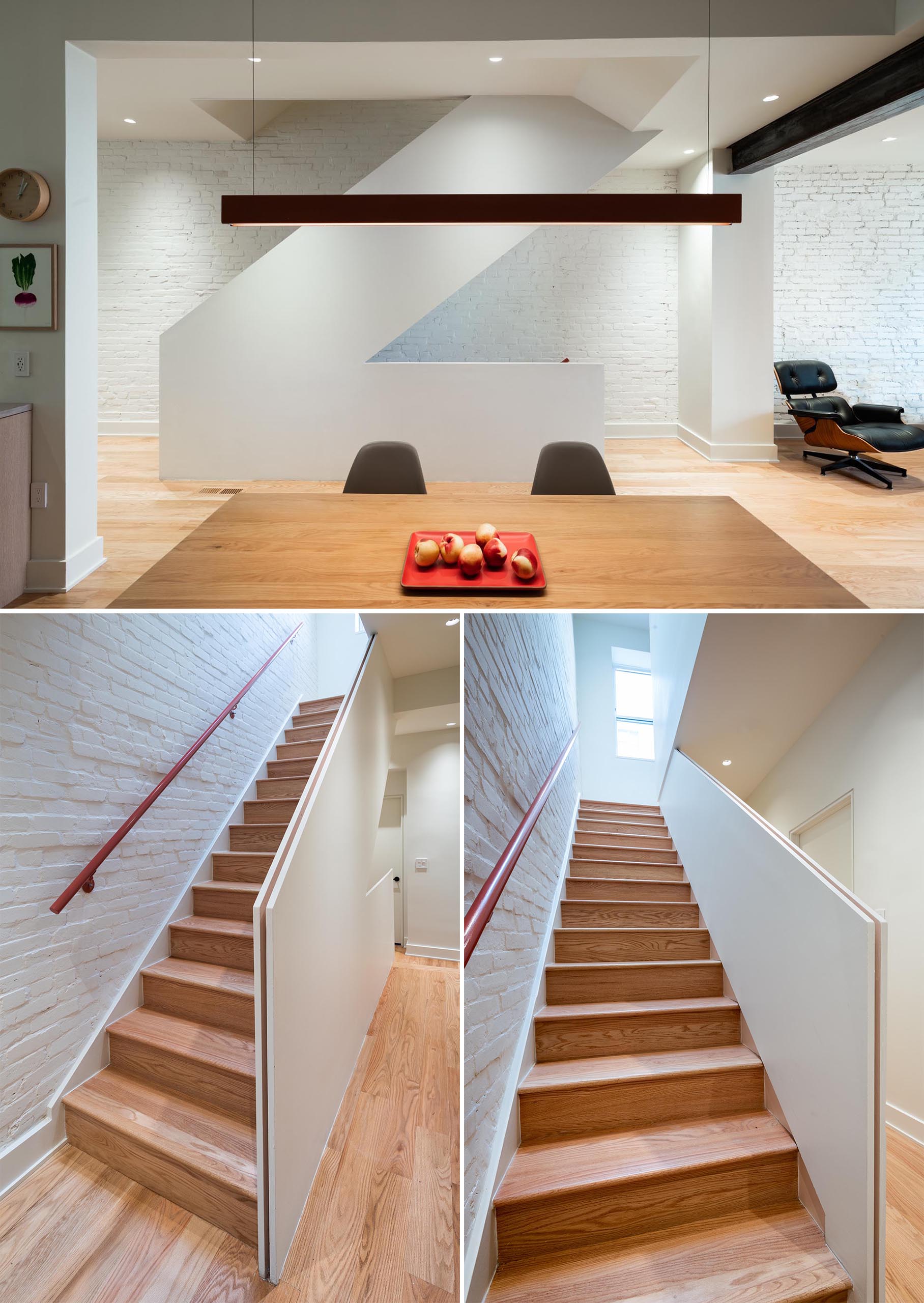A modern remodeled staircase with a white painted brick wall backdrop.