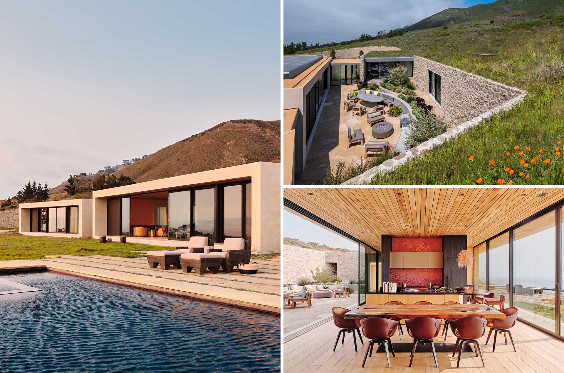 This modern home blends into the hill and has an exterior of stone walls made, from local granite, and concrete that's been finished in earth tone colors.