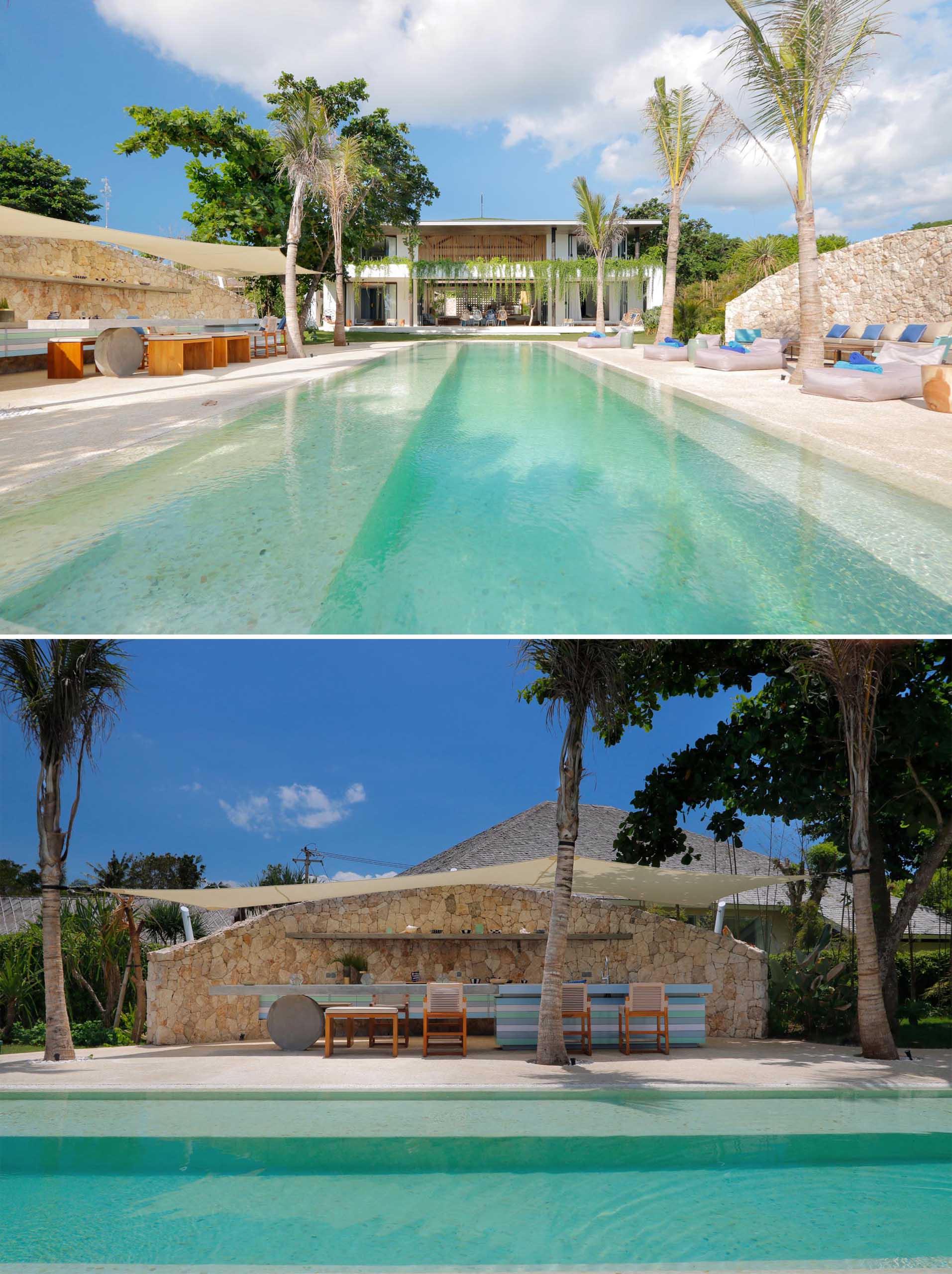 A modern beach house with a swimming pool that includes a round patio.