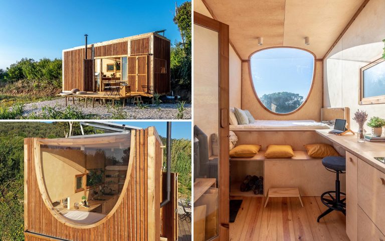 This Timber-Covered Tiny House Was Designed With Photovoltaic Panels On The Roof And A Birch Plywood Interior