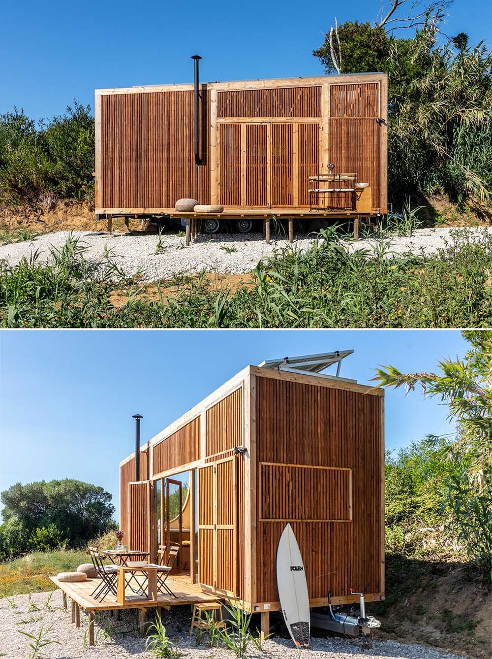 A modern tiny house covered in heat-treated timber, has a birch plywood interior, kitchen, bathroom, and two sleeping areas.