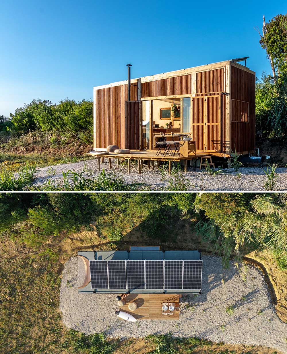 A modern tiny house covered in heat-treated timber, has solar panels, water collection system, a birch plywood interior, kitchen, bathroom, and two sleeping areas.