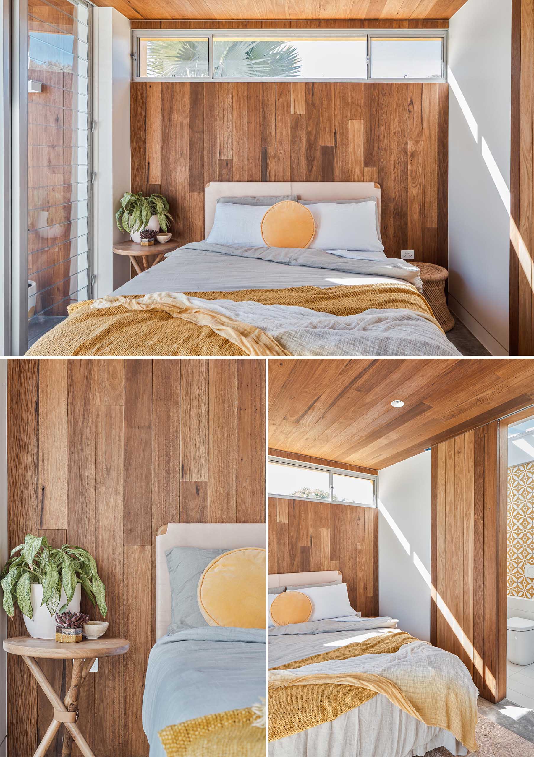 The wood ceiling continues through for a seamless look, and in the bedroom it flows down the wall to act as a backdrop for the bed.