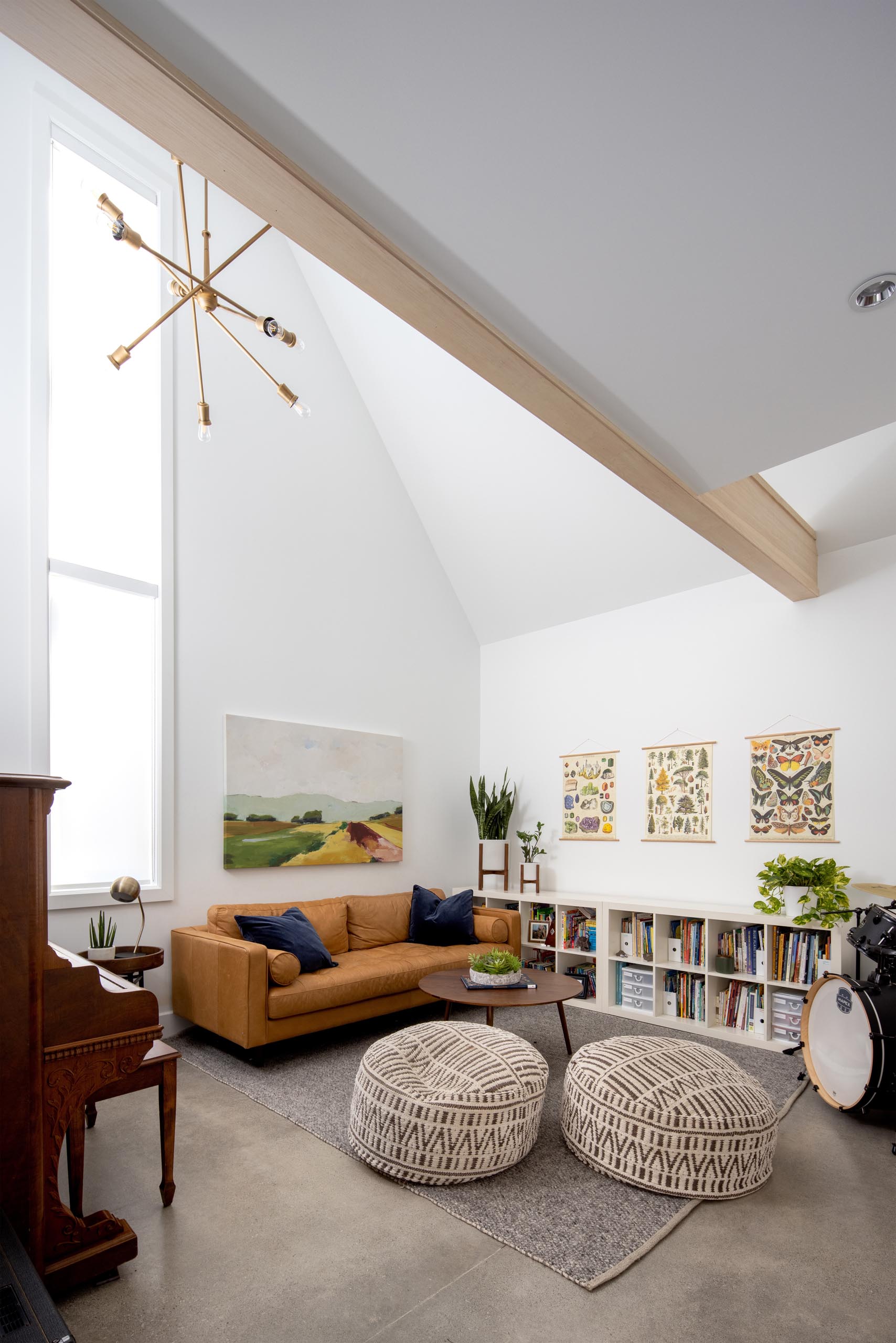 A modern living room that doubles as a music room.