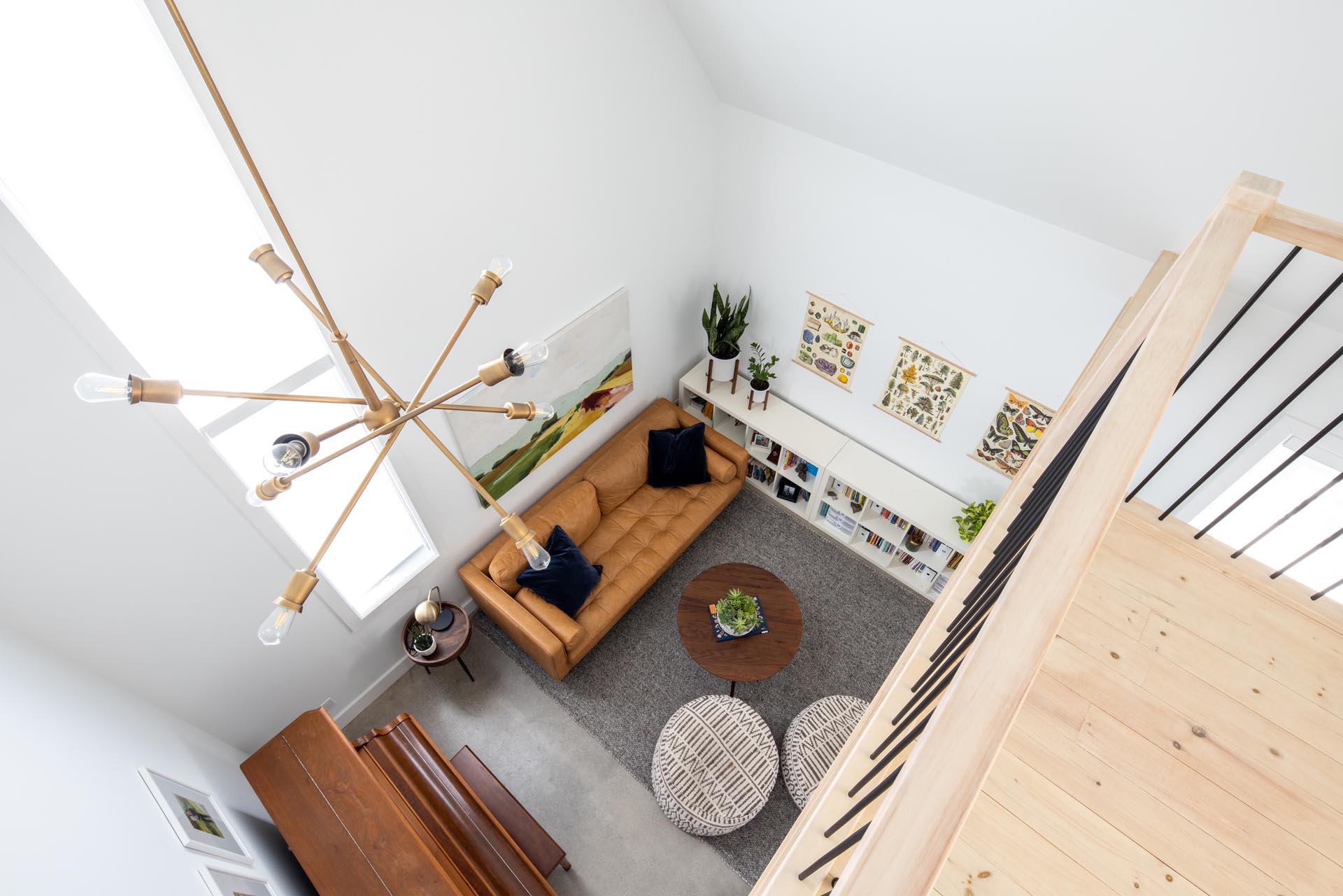 A modern living room that doubles as a music room.