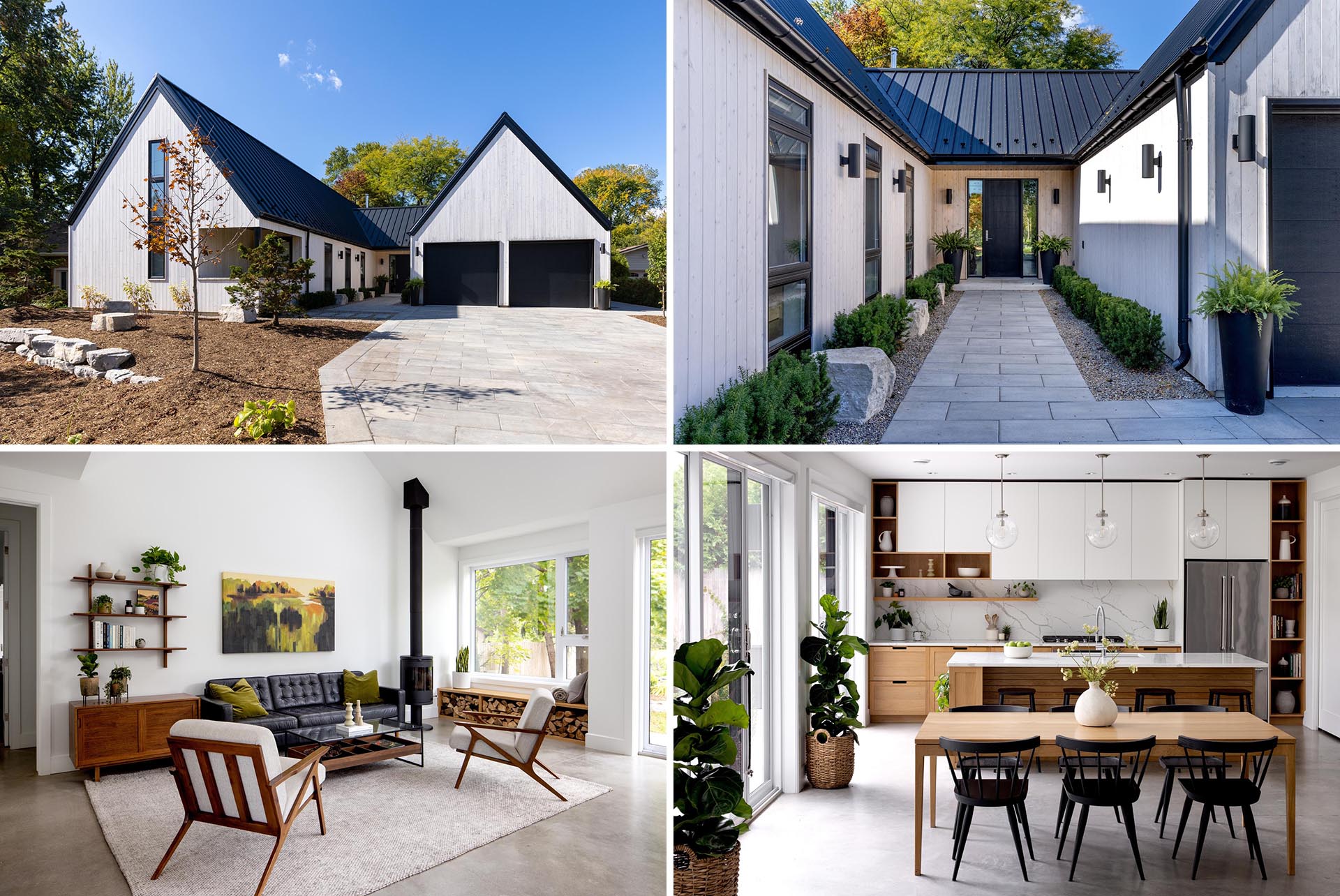 The exterior finishes of this Scandinavian inspired home includes vertical white cedar siding and standing seam metal roofs.