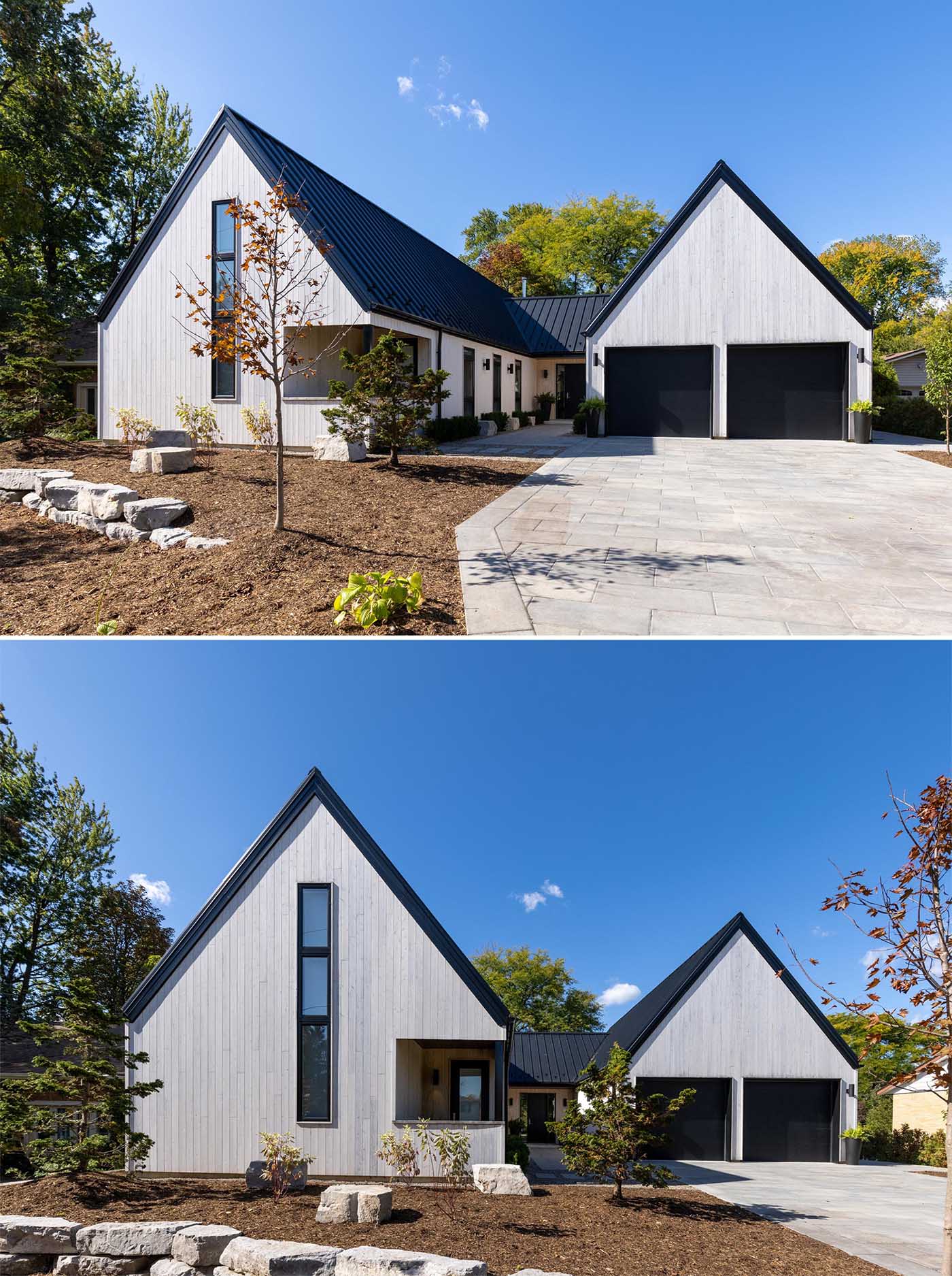 The exterior finishes of this Scandinavian inspired home includes vertical white cedar siding and standing seam metal roofs.