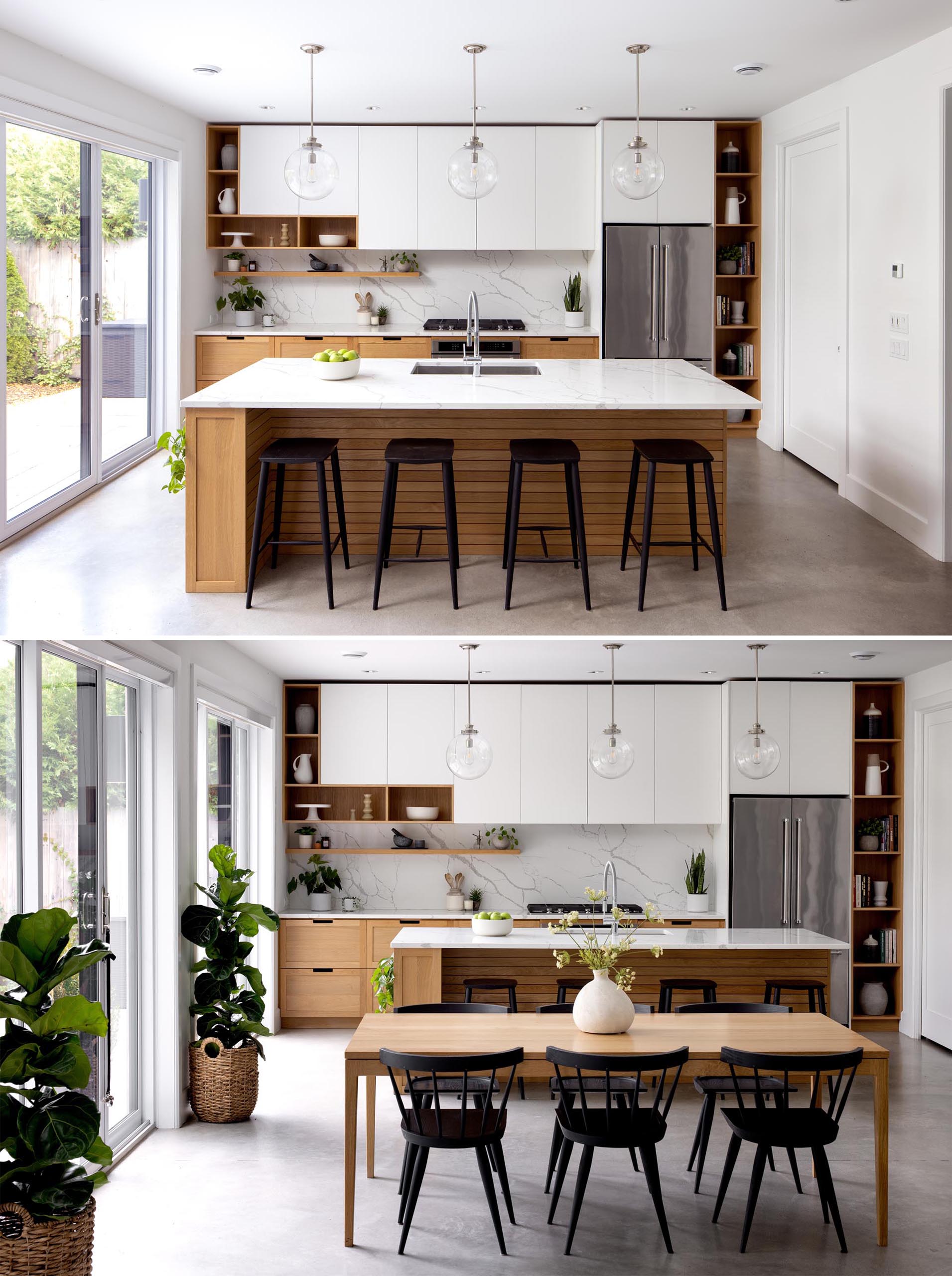 In this modern kitchen, light wood cabinets and open shelving have been paired with minimalist white cabinets.