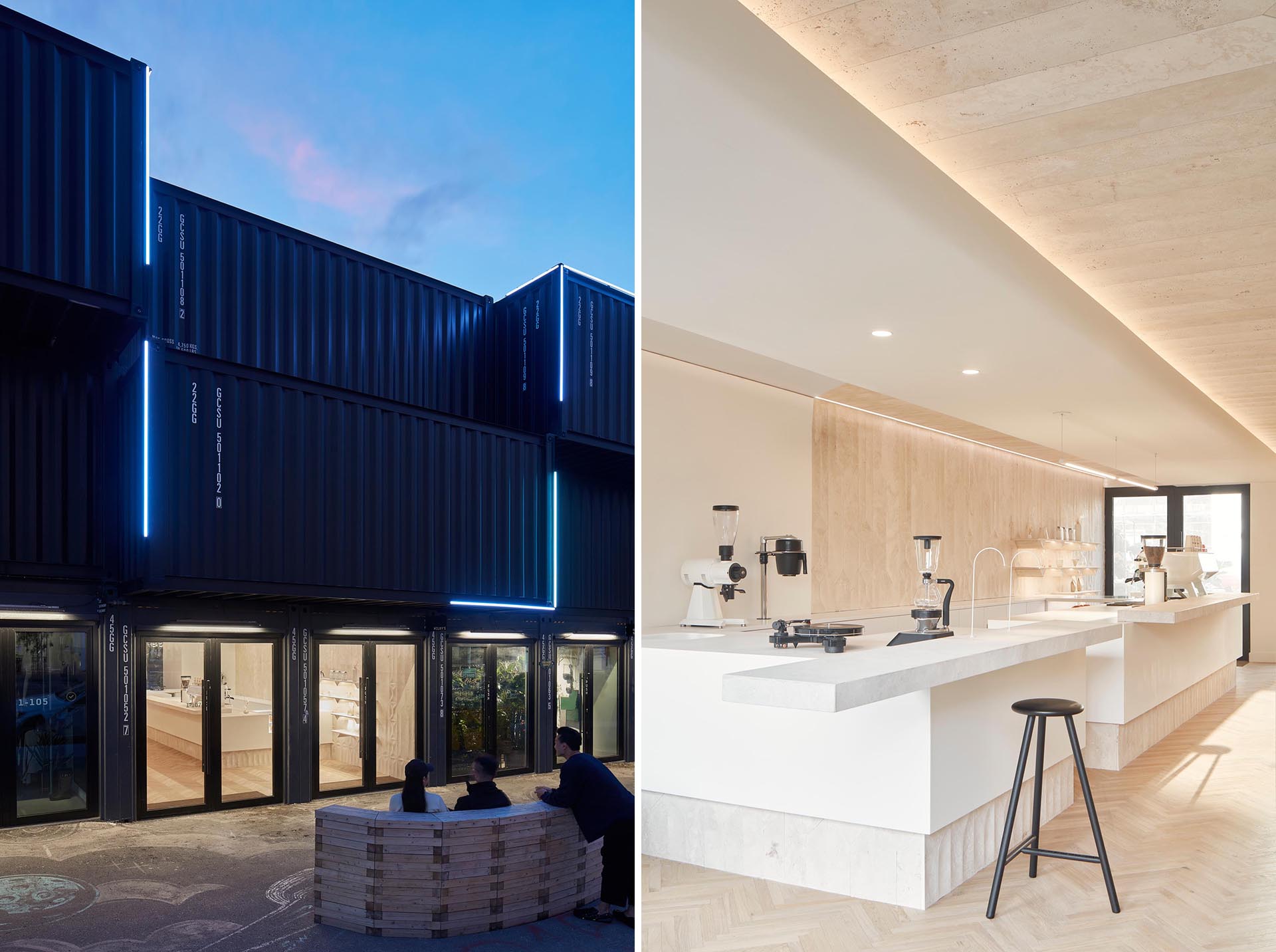 A modern coffee shop inside a shipping container has a large bar, herringbone wood floors, and travertine walls.