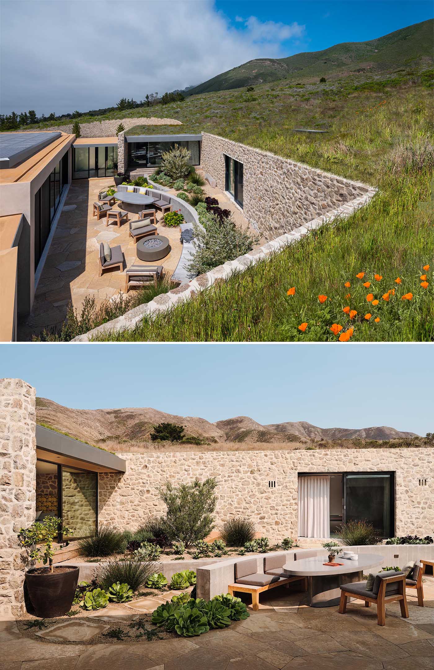 At the rear of this modern home, there's a hidden patio  that has the stone walls as a backdrop. Included in the patio design is a curved concrete wall with built-in seating, a fire pit, and a garden with desert plants.