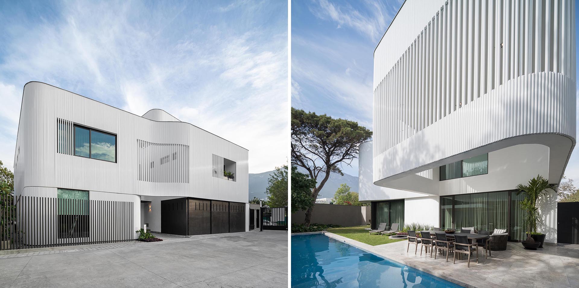 The metal pipes create a screen on the exterior of this modern house, and serve as a rainscreen for the solid walls, act as privacy and shading for selected windows