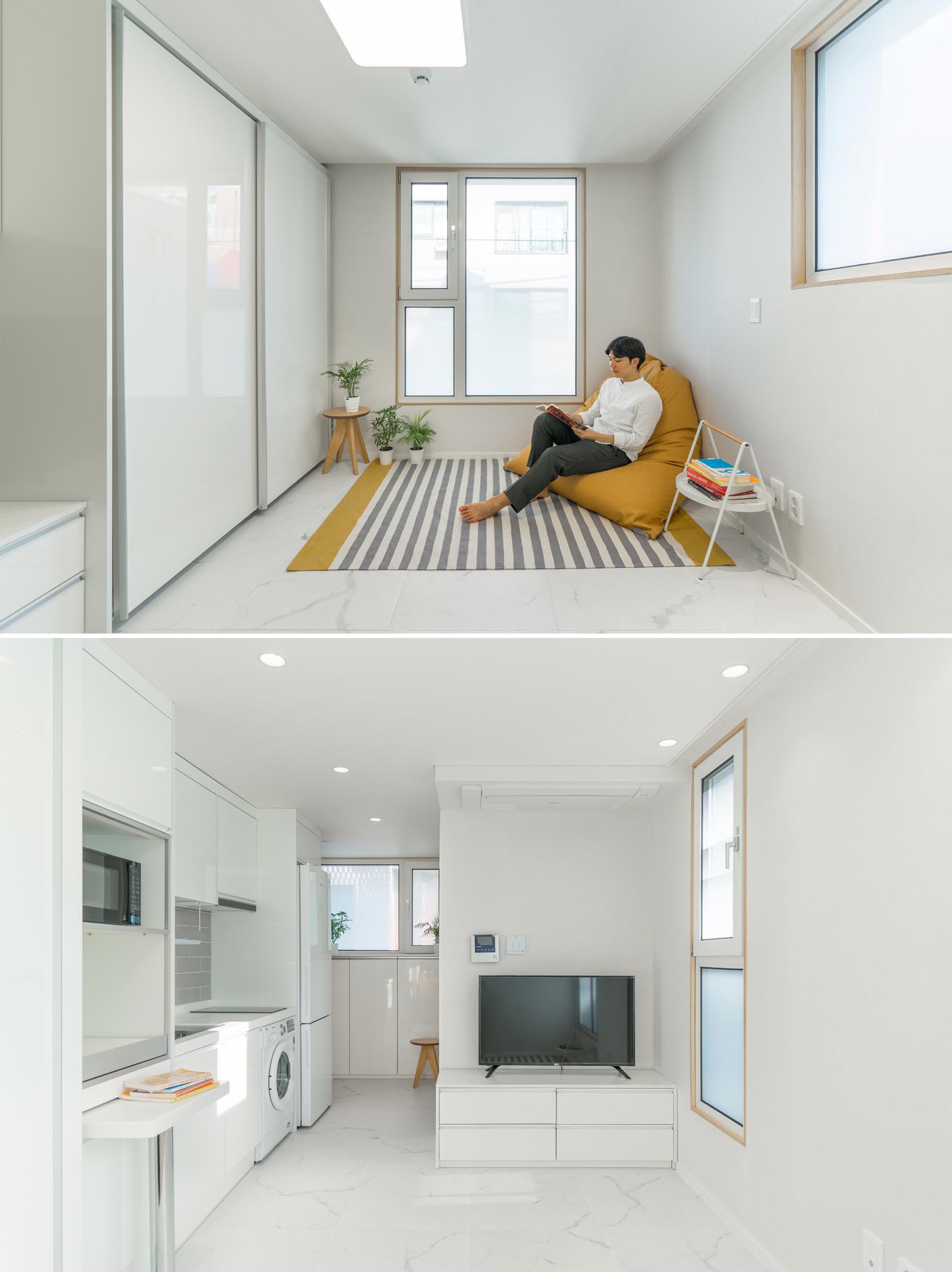 Nội thất căn hộ tối giản màu trắng.