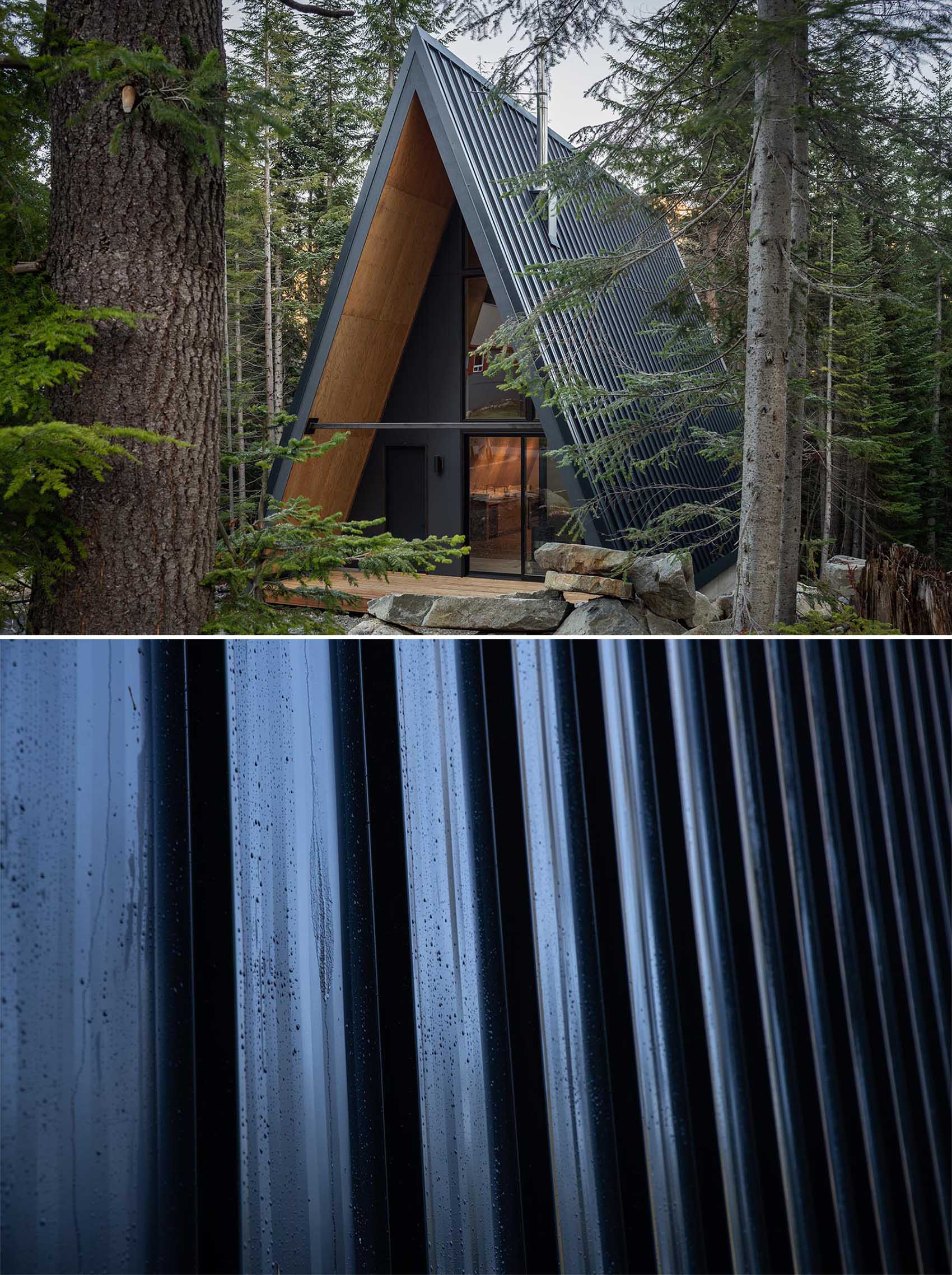 This 1,721-square-foot A-frame cabin has been built out of prefabricated mass plywood panels with a standing-seam metal roof with a black finish. 