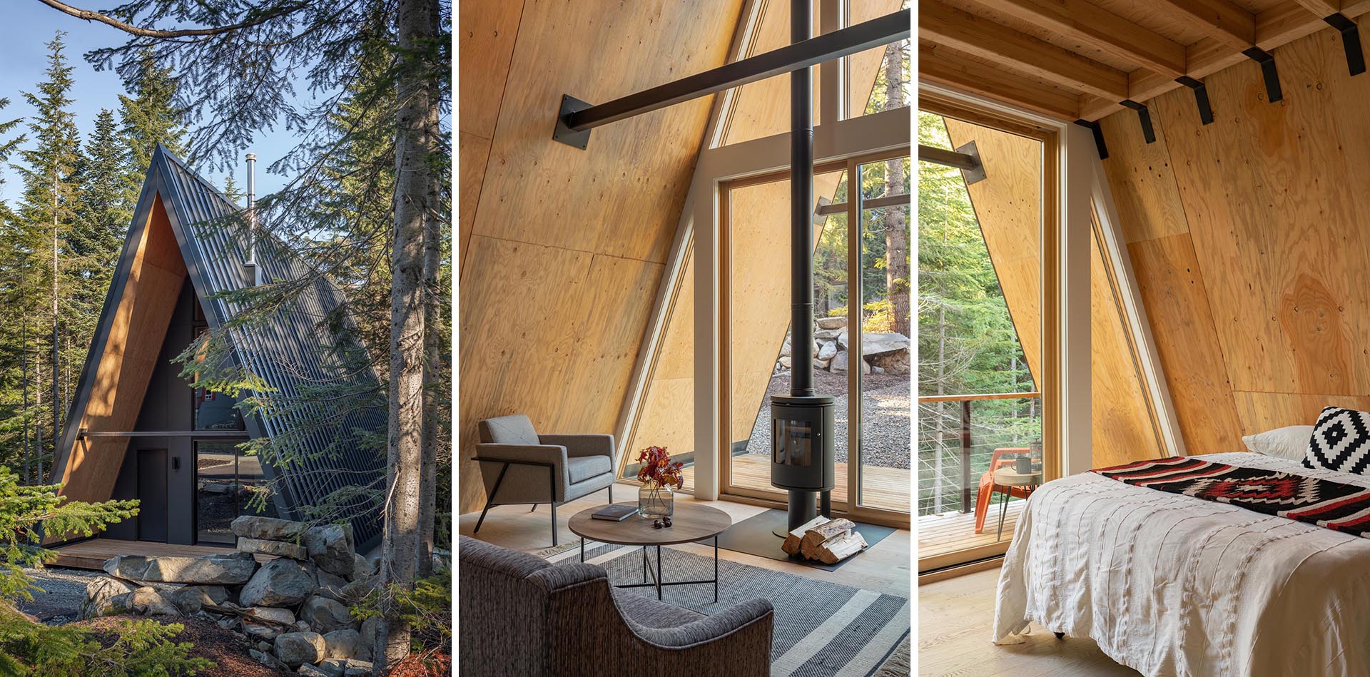 This 1,721-square-foot A-frame cabin has been built out of prefabricated mass plywood panels with a standing-seam metal roof with a black finish. 