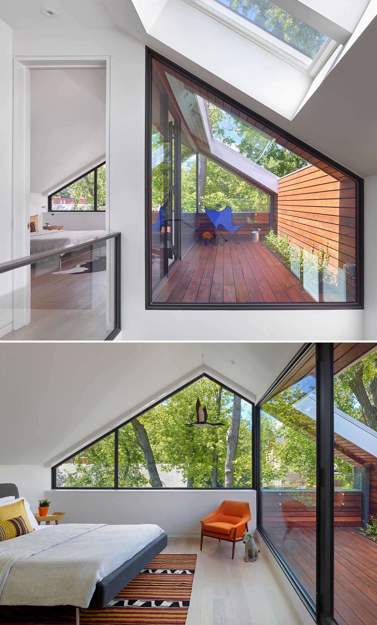 At the front of this modern house, half of the master bedroom is given over to an intimate exterior space clad in the warm ash, with a recessed planter and an opening carved into the roof for natural light. 