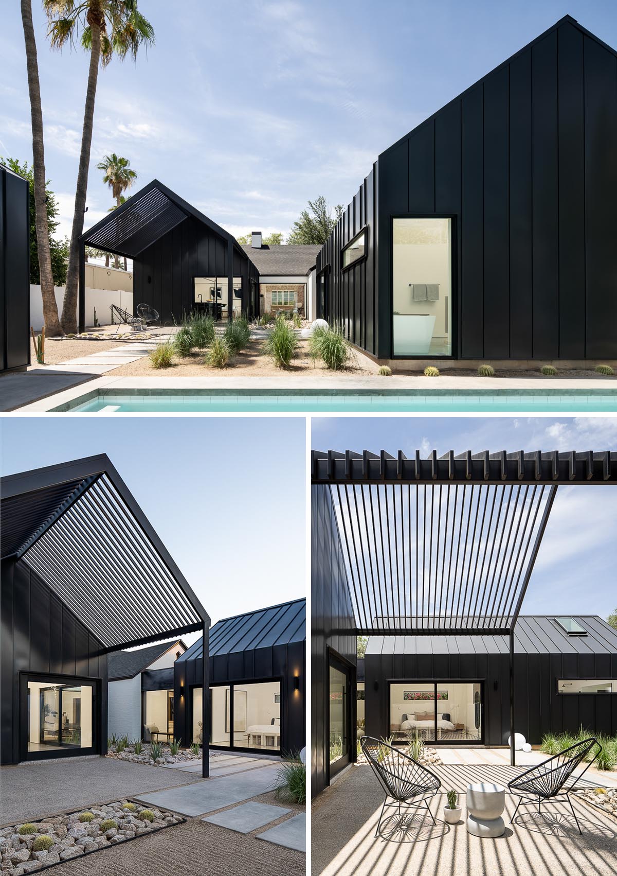 To contrast with the original house, the rear additions were formed in black standing seam metal with heavy aggregate concrete floors.