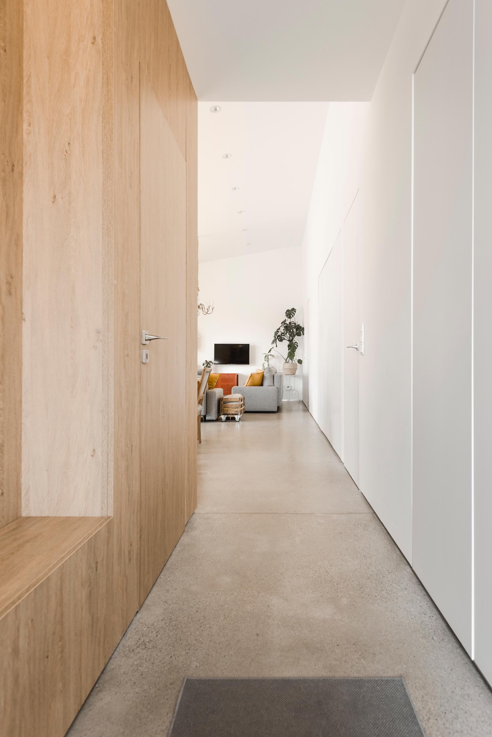 A modern hallway with concrete floors and flush doorways.