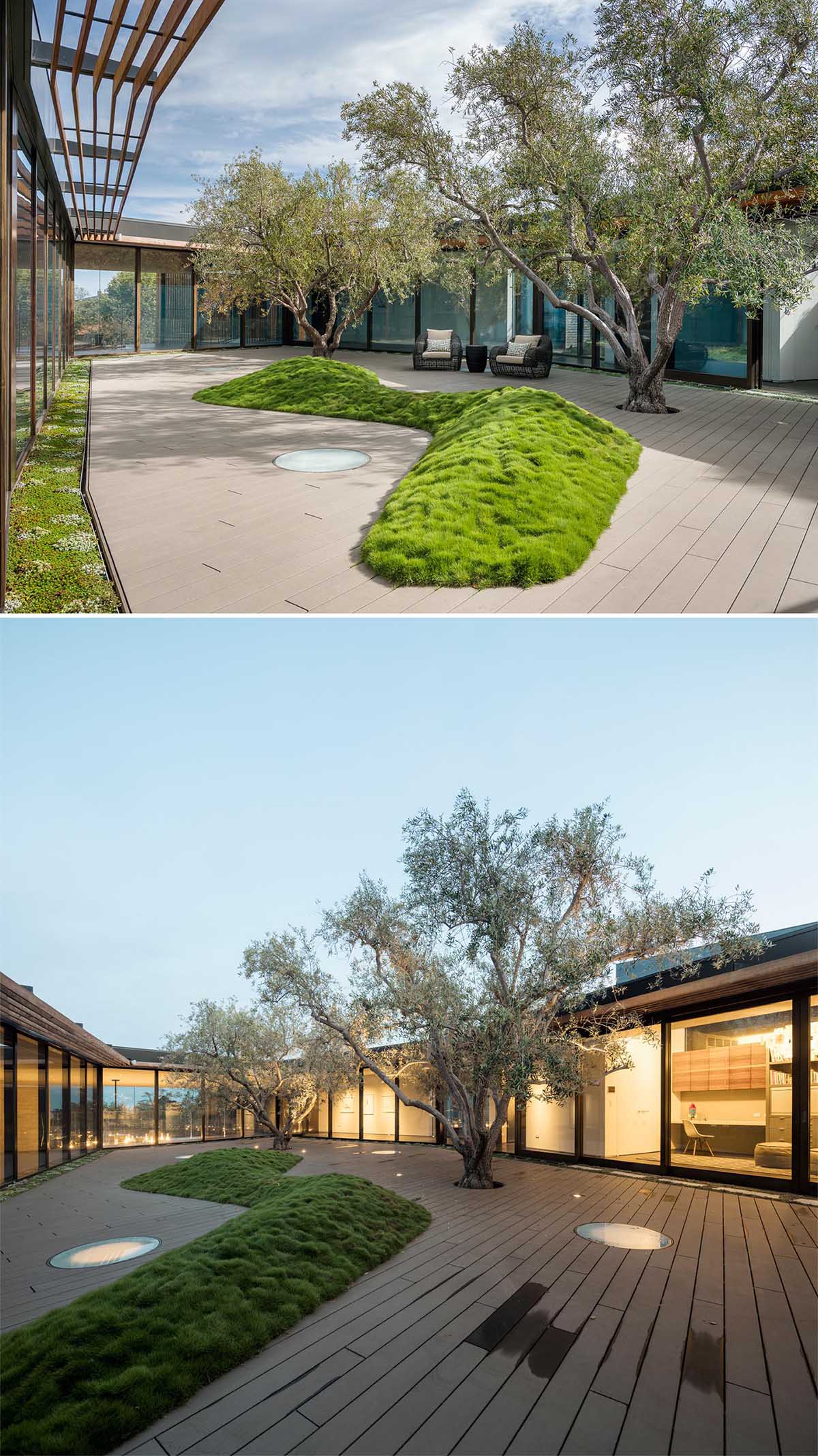 The interior of this modern home includes  a terrace that's lined around the edges with low ground cover, while the middle of the terrace features a raised grassy mound, inground lighting, a pair of trees, and a sitting area.
