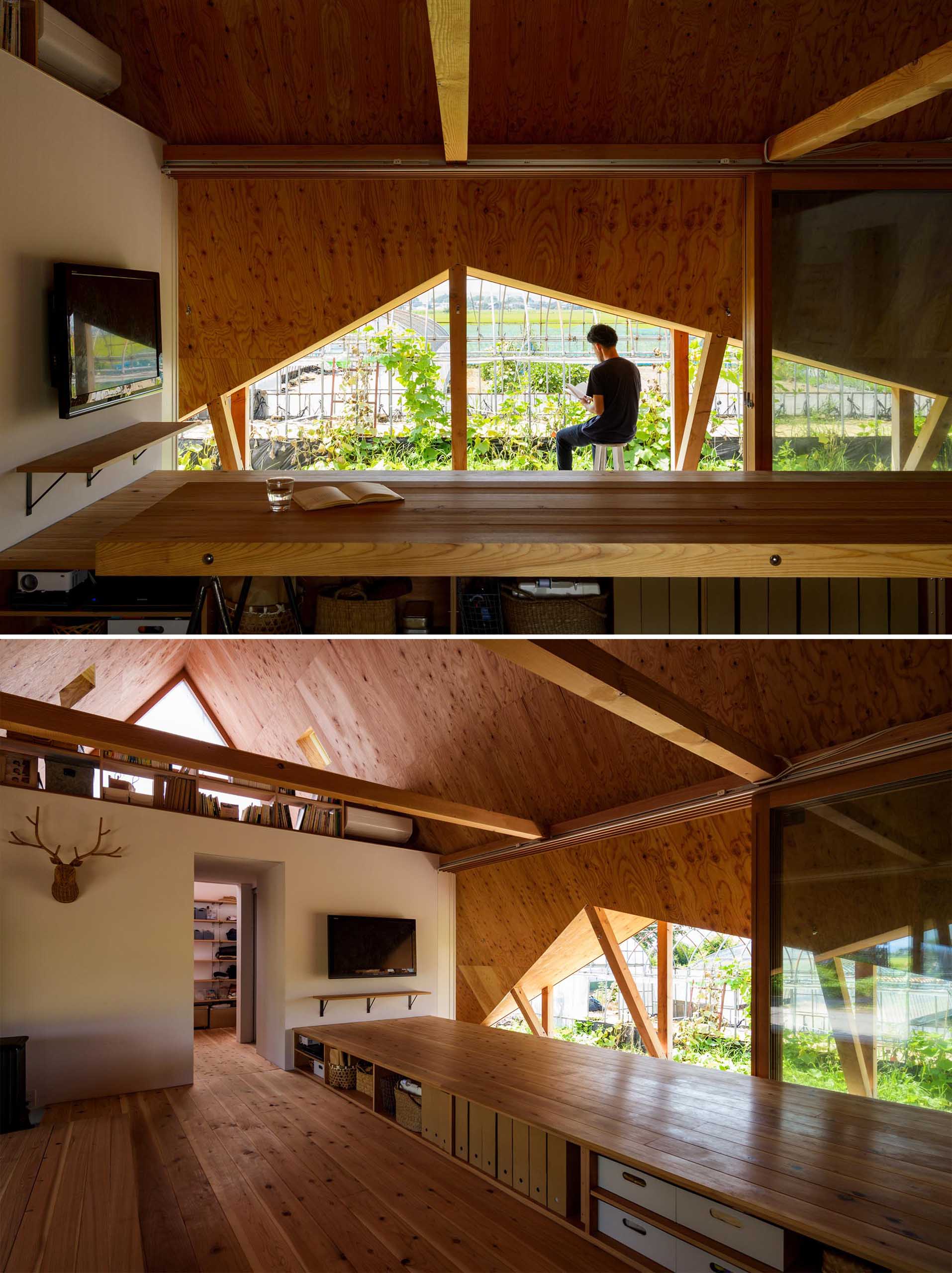 Large wood framed sliding glass doors can open the interior of this modern A-frame house to the outdoors, and at the same time, allow for cross-ventilation.