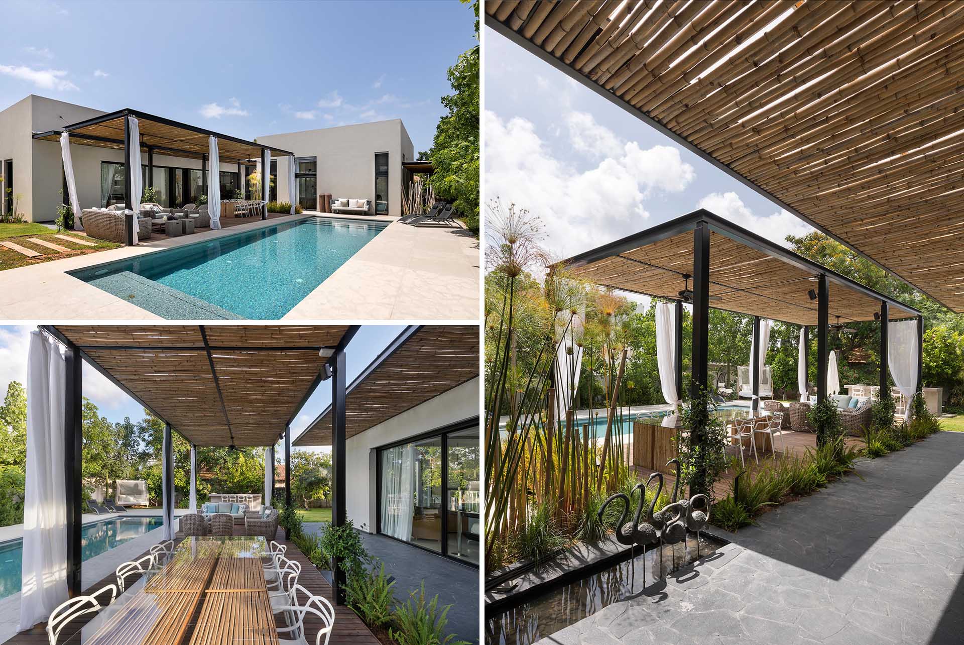 A modern house with a bamboo pergola that shades an outdoor living and dining area.