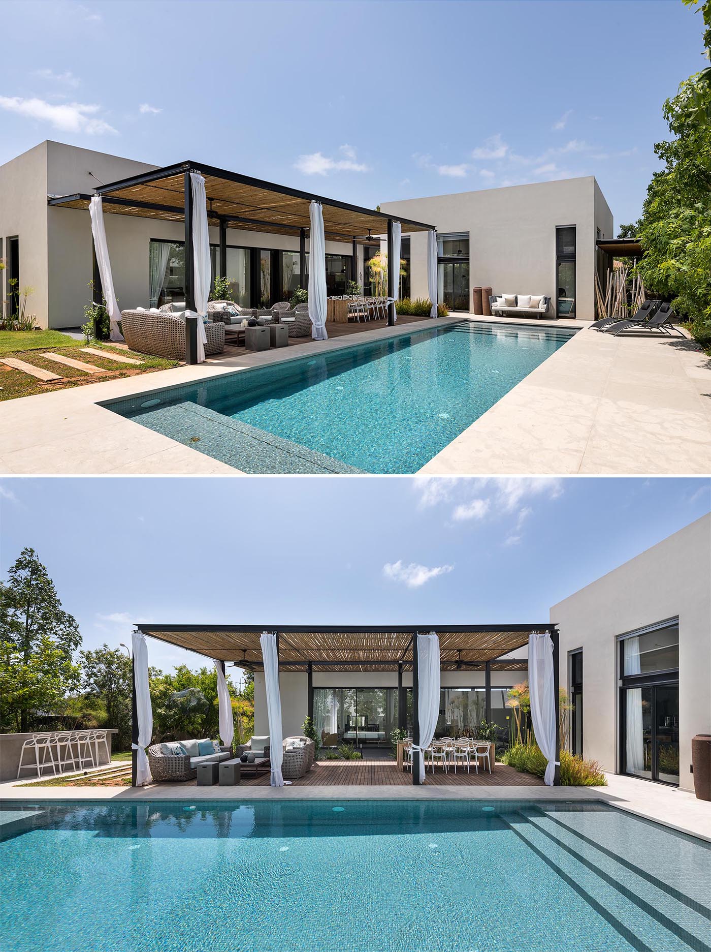 A modern house with a bamboo pergola that shades an outdoor living and dining area.