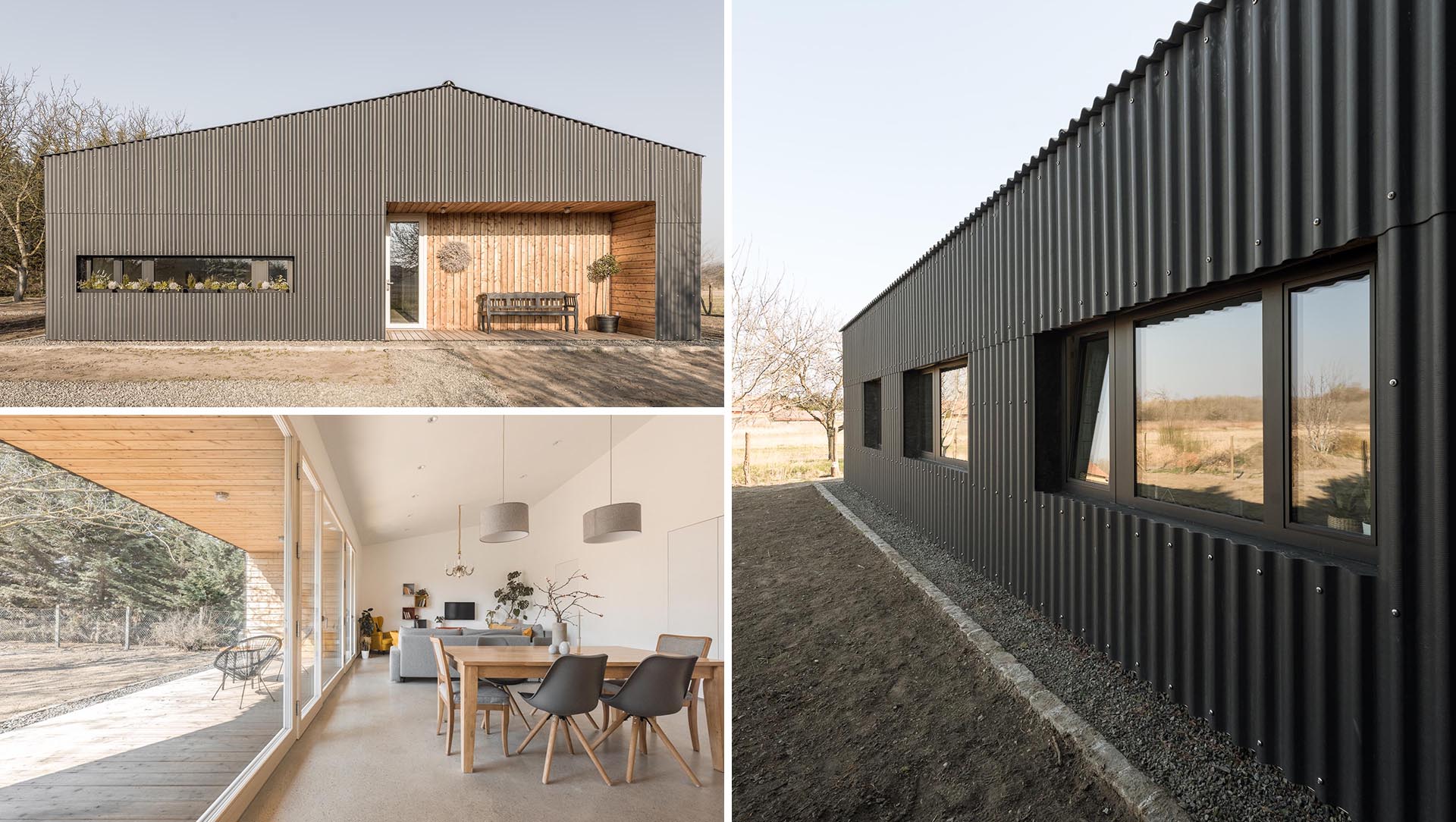 A modern black house with corrugated fibre-cement slate siding and black window frames.