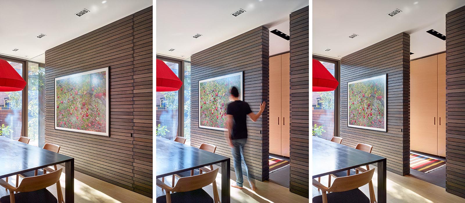 Stepping inside and a hidden door can close off the entryway from the dining room.