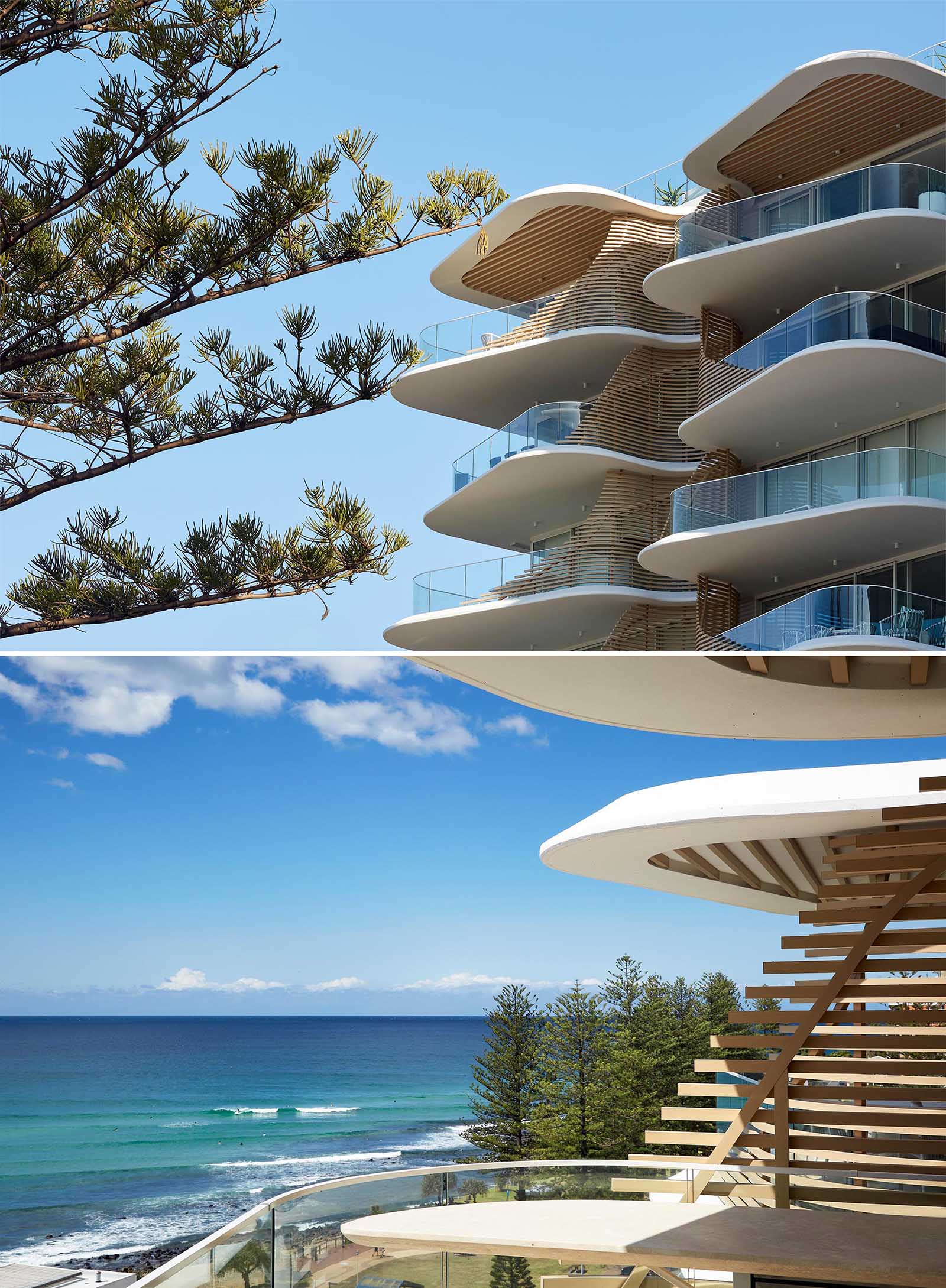 This sculptural and eye-catching building has organic, overlapping architectural curves that resemble the nearby heritage-listed Norfolk Pine Trees.