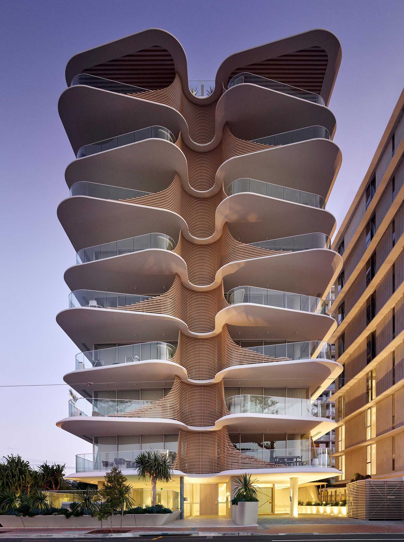 This sculptural and eye-catching building has organic, overlapping architectural curves that resemble the nearby heritage-listed Norfolk Pine Trees.