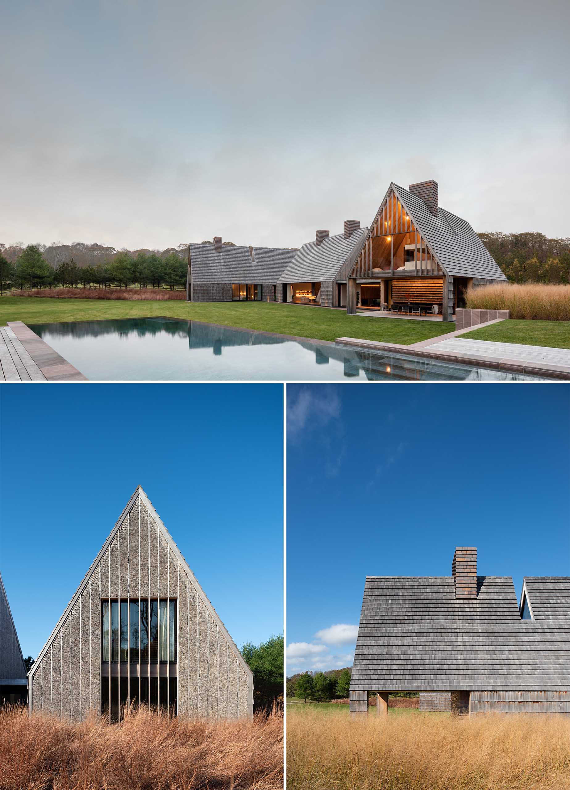 The weathered wood shingle siding that covers this modern home, while the traditional thatch siding is packed neatly between the exposed exterior framing and makes reference to the grasses of the pasture.