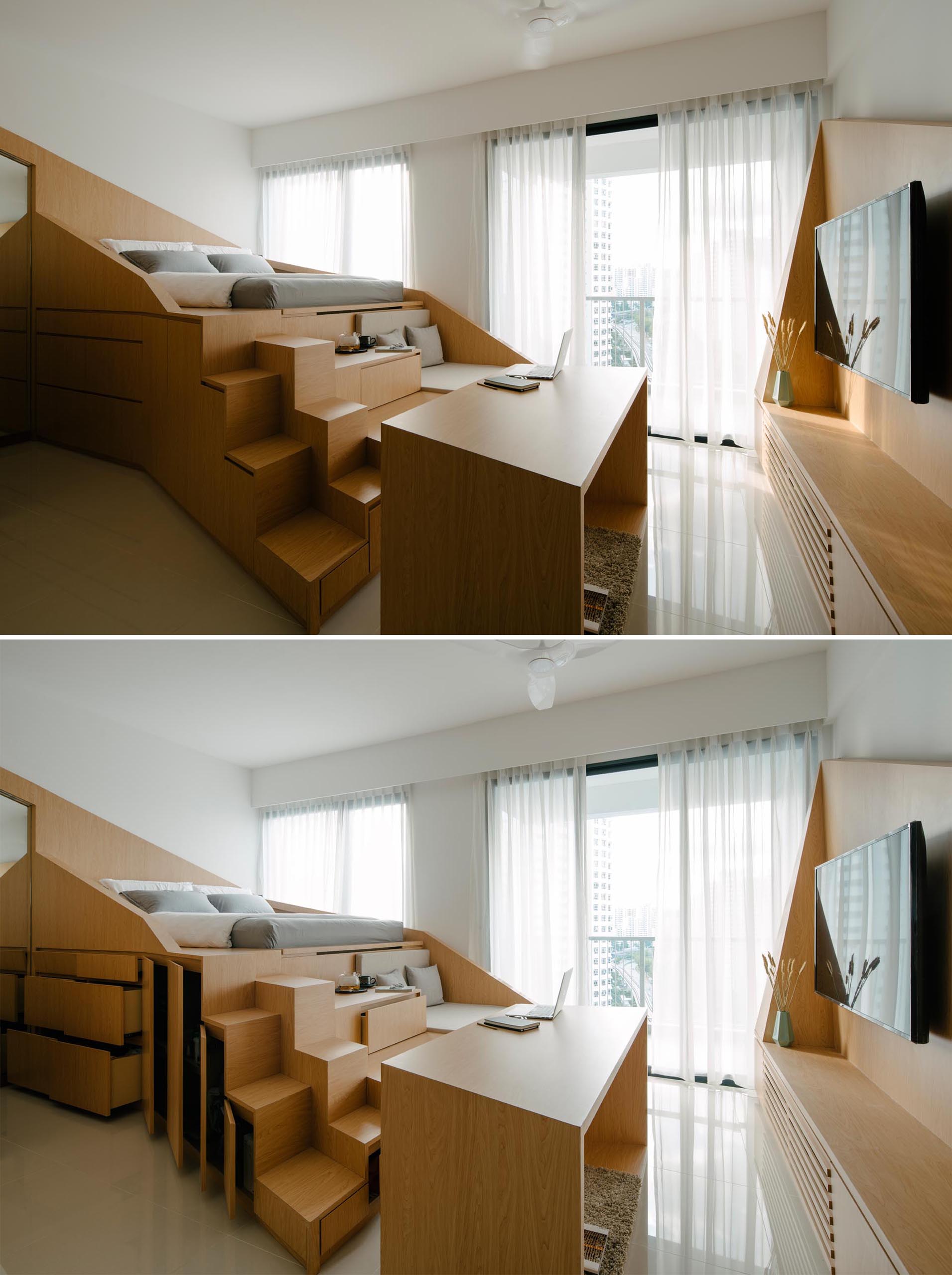 A custom design loft bed with a sofa and storage, has integrated steps up to the bed.