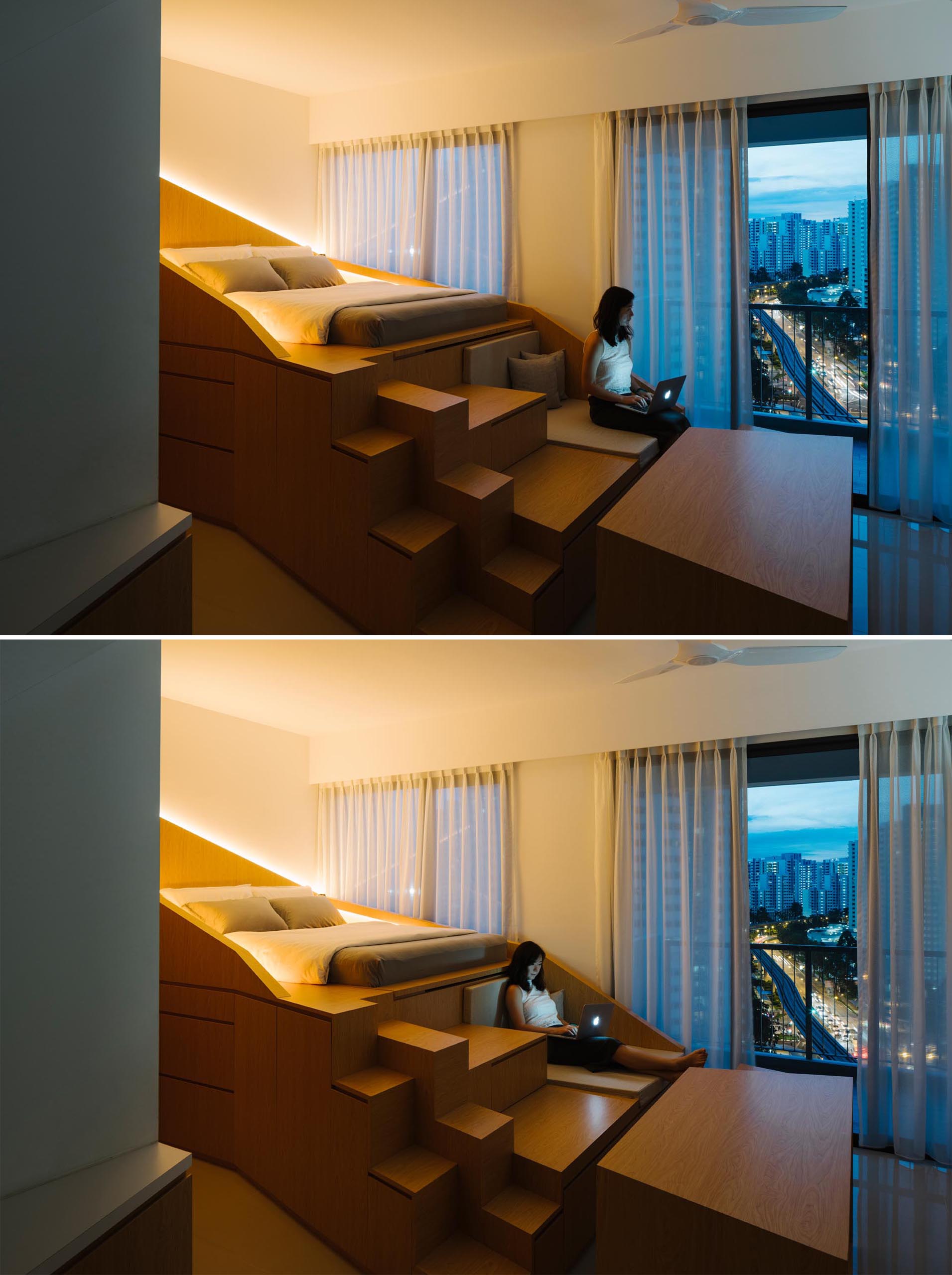 At night, hidden lighting highlights the outline of this custom loft bed with storage, and provides a soft glow to the room, adding to the coziness.