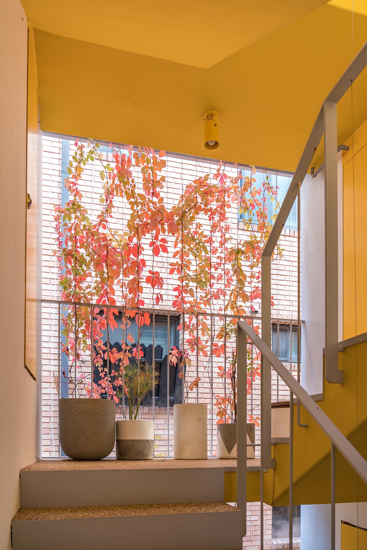 A modern apartment building that has yellow accents in a stairwell.